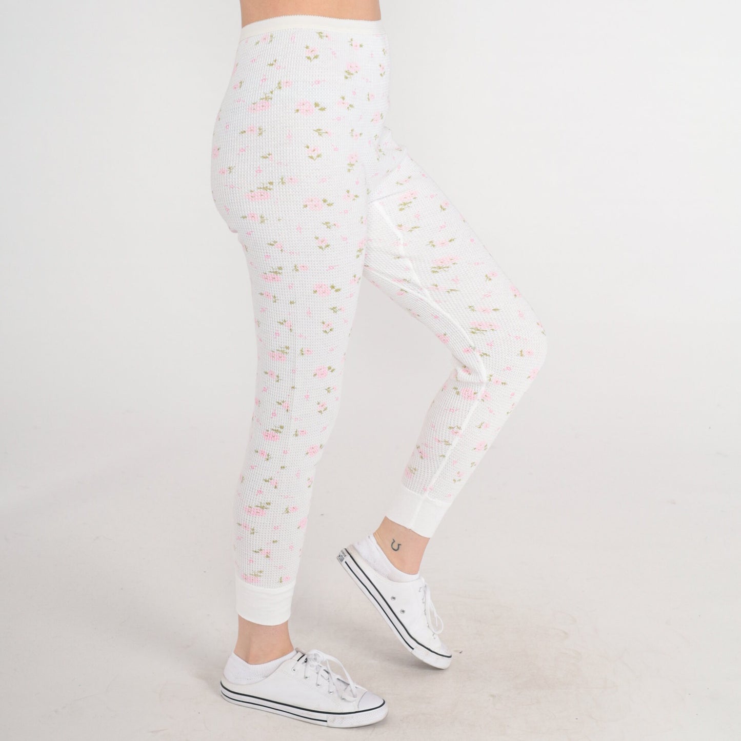 80s Lady Arctex Floral Thermal Pants White Waffle Knit Pink Print XS