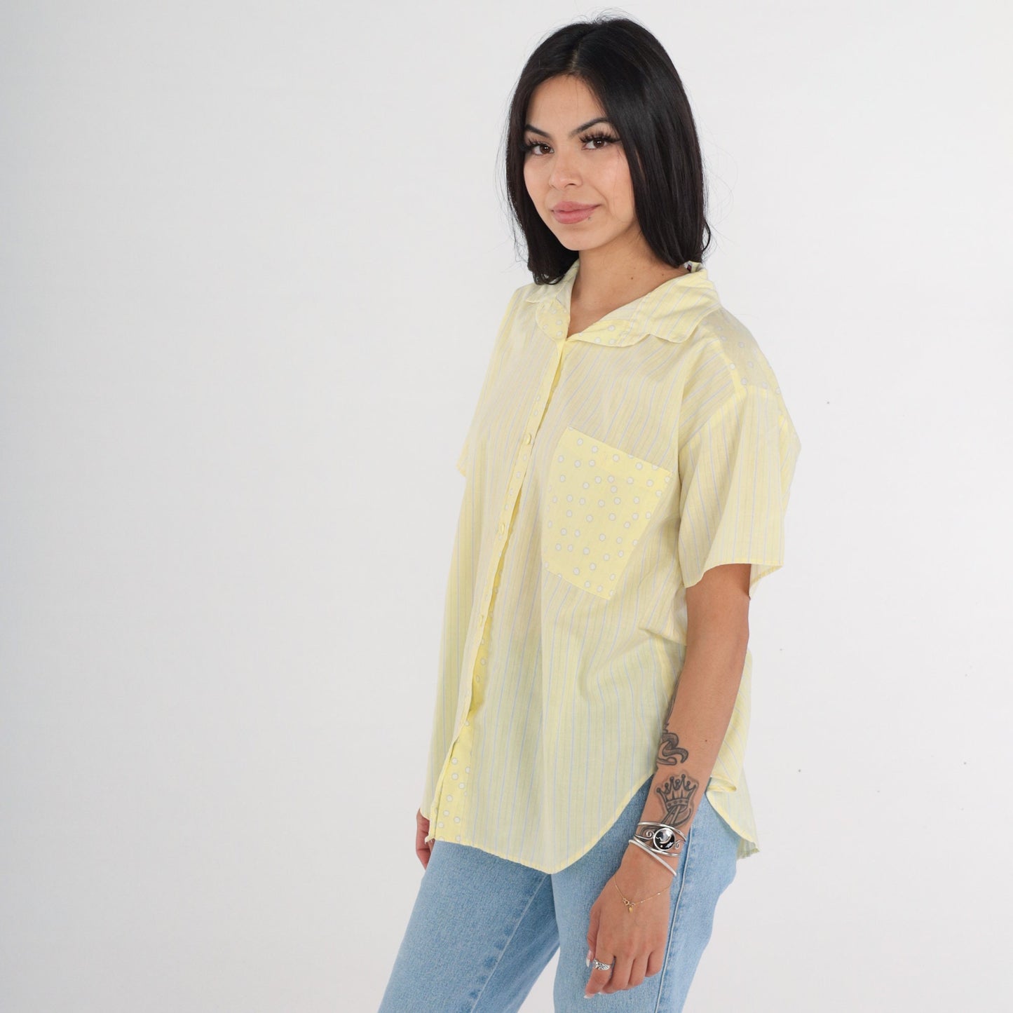 80s Yellow Striped Dot Print Button-Up Blouse Short Sleeve Medium