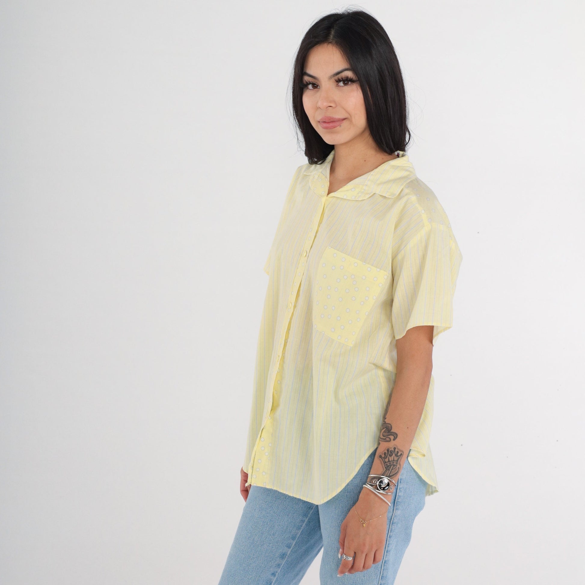 80s Yellow Striped Dot Print Button-Up Blouse Short Sleeve Medium