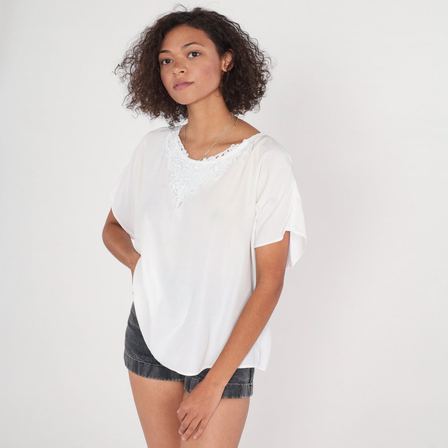 90s White Floral Lace Appliqué Blouse Short Sleeve Top Extra Large XXL