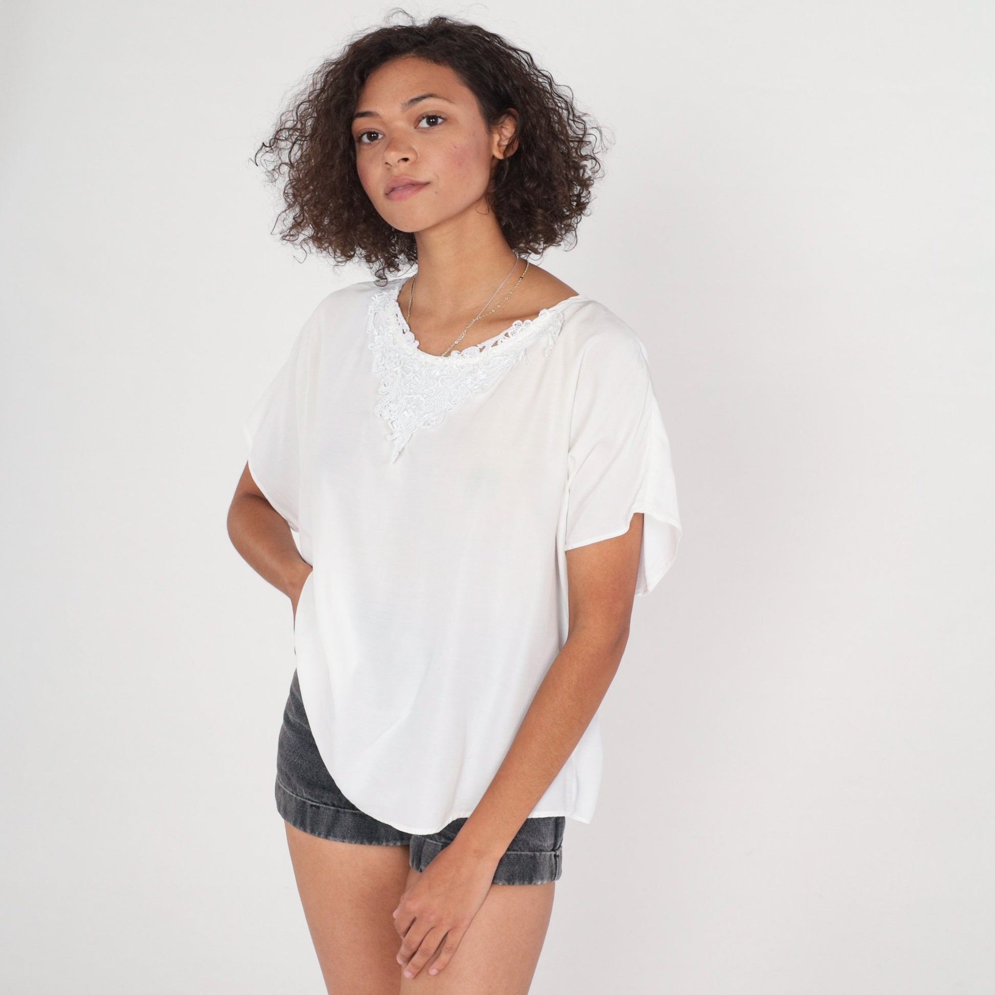 90s White Floral Lace Appliqué Blouse Short Sleeve Top Extra Large XXL