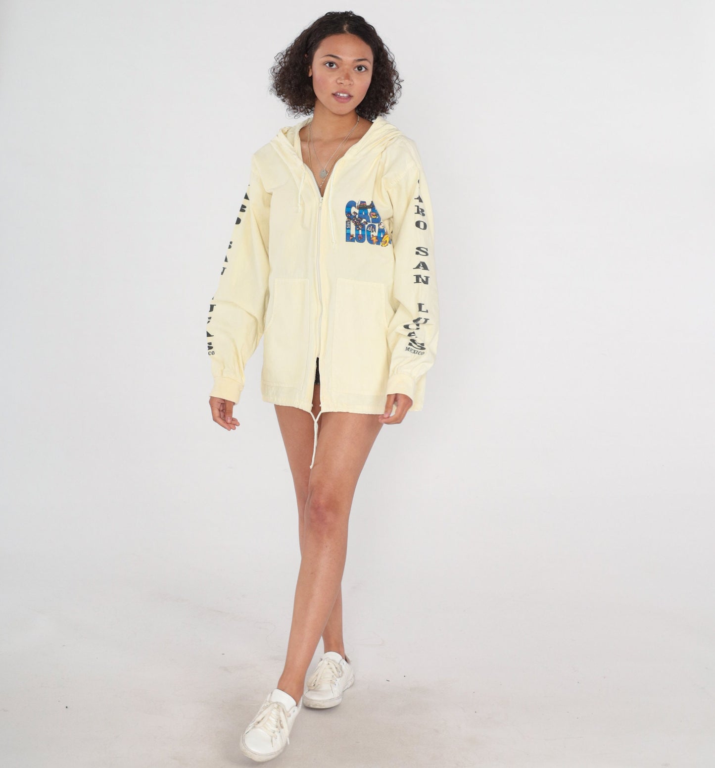 90s Cabo San Lucas Windbreaker Jacket Pale Yellow Hooded Cotton XL