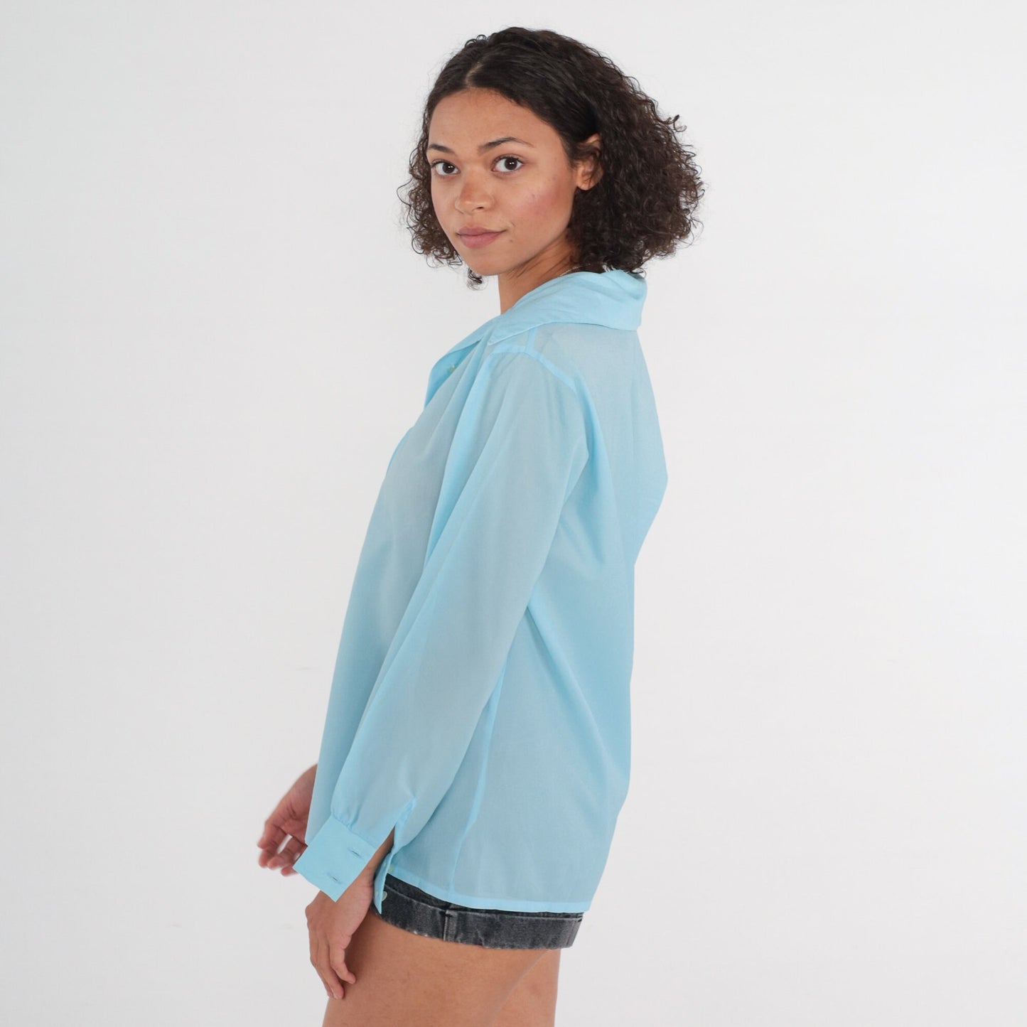 70s Blue Dagger Collar Button-Up Blouse Long Sleeve Semi-Sheer Medium