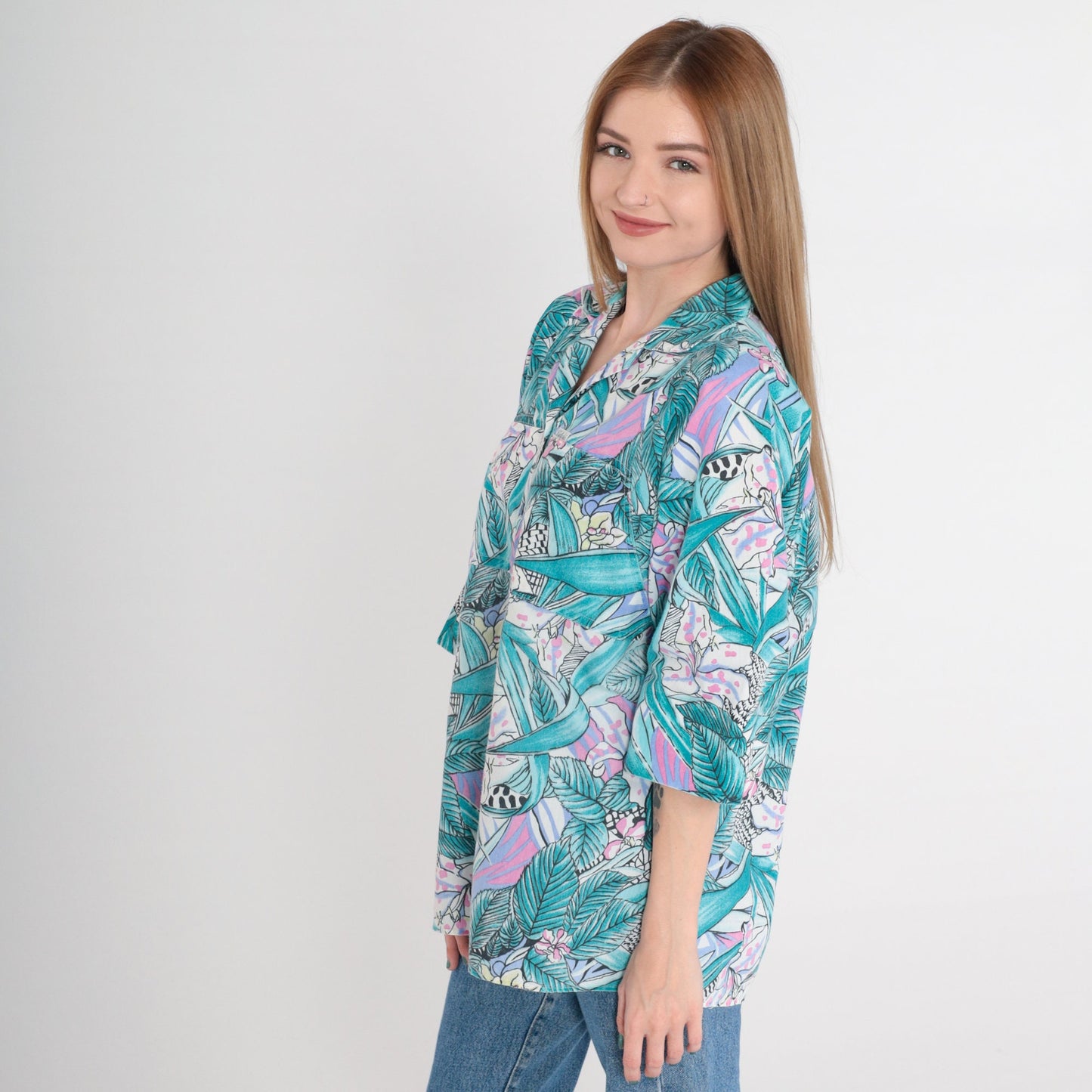 90s Tropical Leopard Floral Button-Up Blouse Pink Purple Blue White Large L