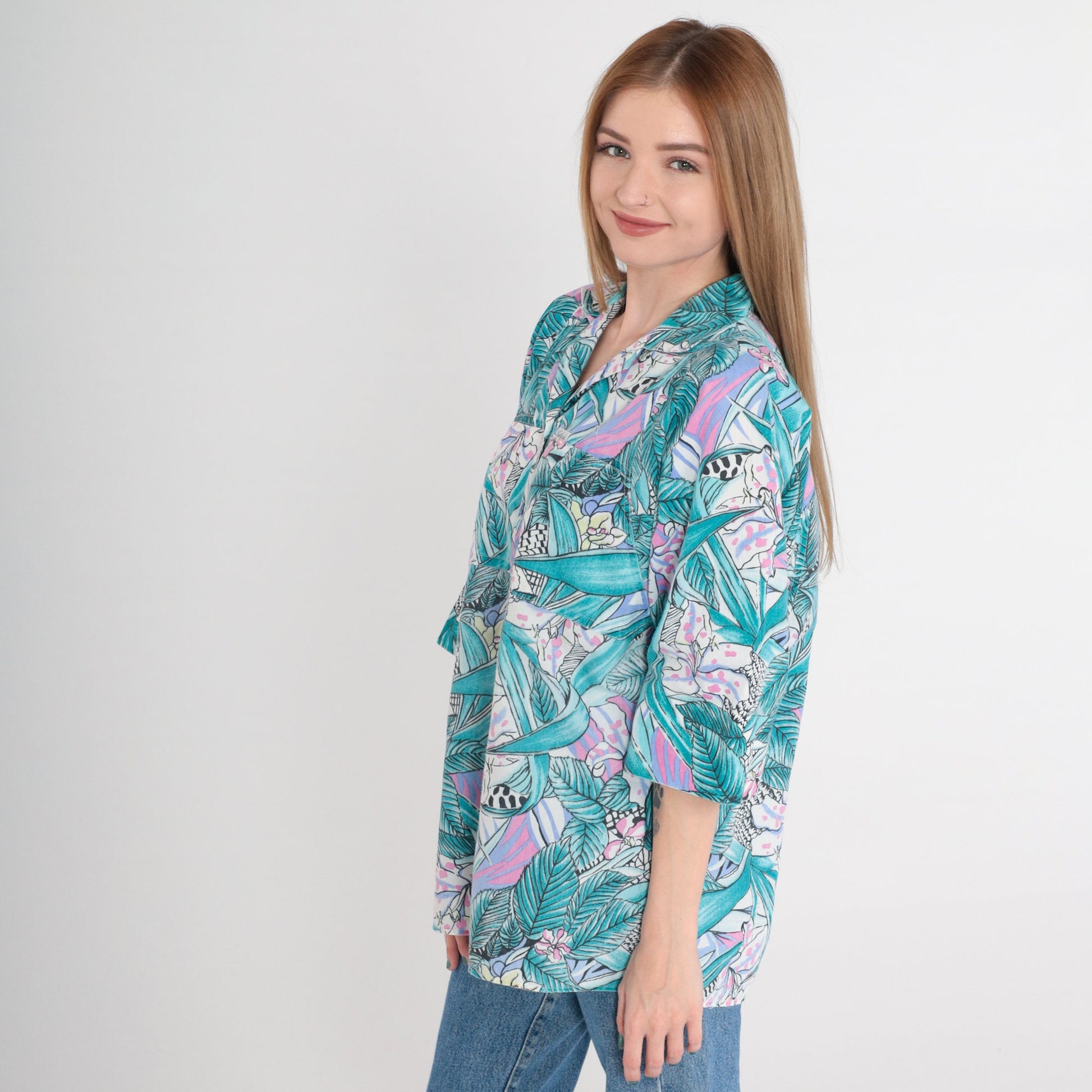 90s Tropical Leopard Floral Button-Up Blouse Pink Purple Blue White Large L