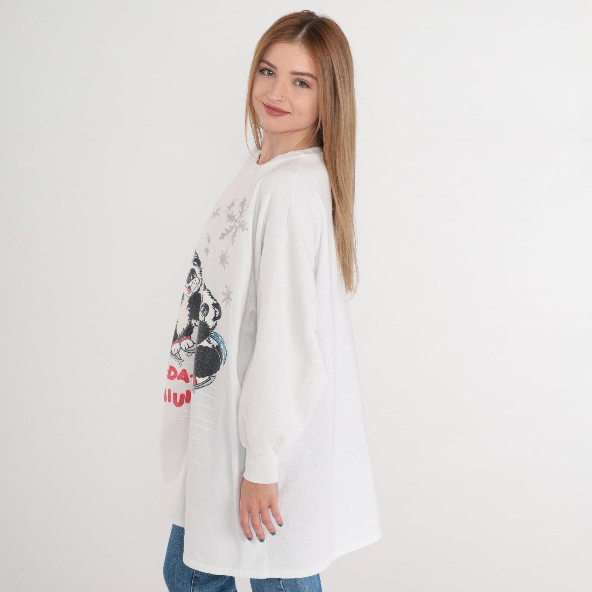 90s Panda-Monium on Ice Glitter Graphic T-Shirt Dress Long Sleeve Plus Size XXL