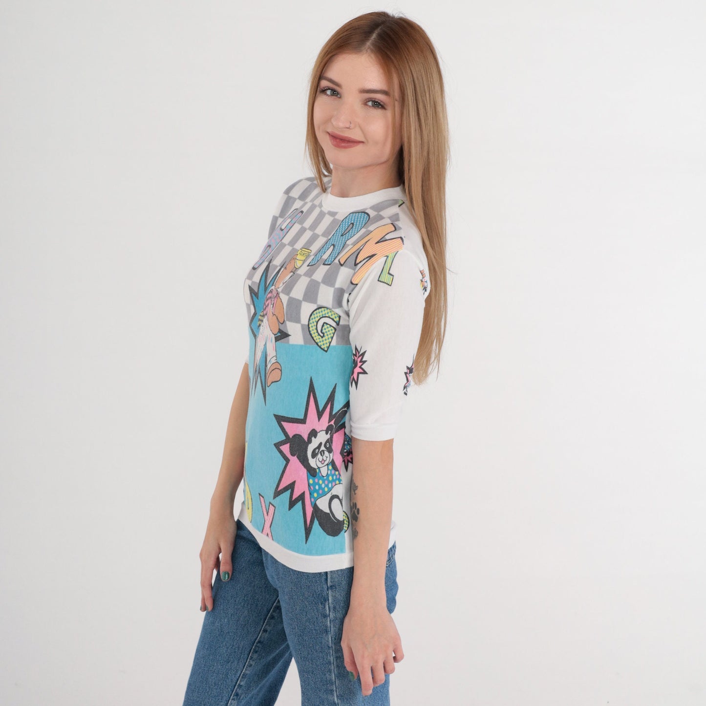 80s Cartoon Bear Alphabet Checkered Print T-Shirt White Banded Hem XXS