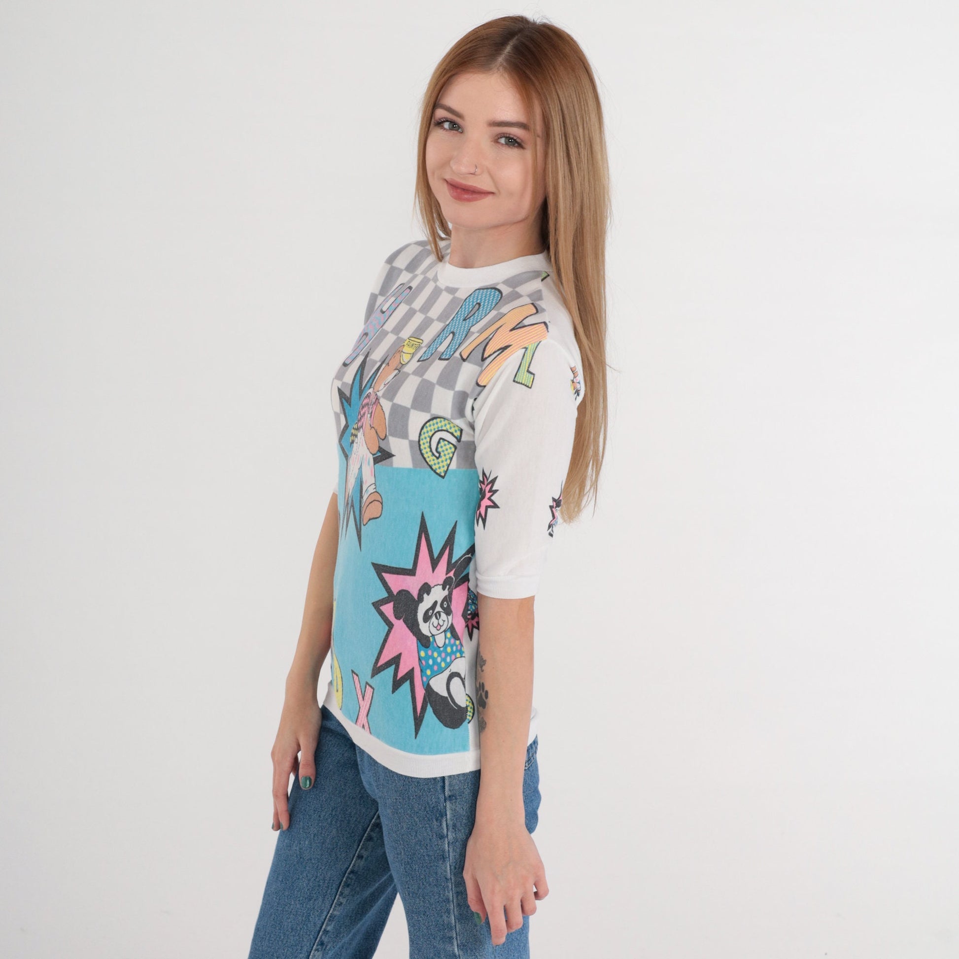 80s Cartoon Bear Alphabet Checkered Print T-Shirt White Banded Hem XXS