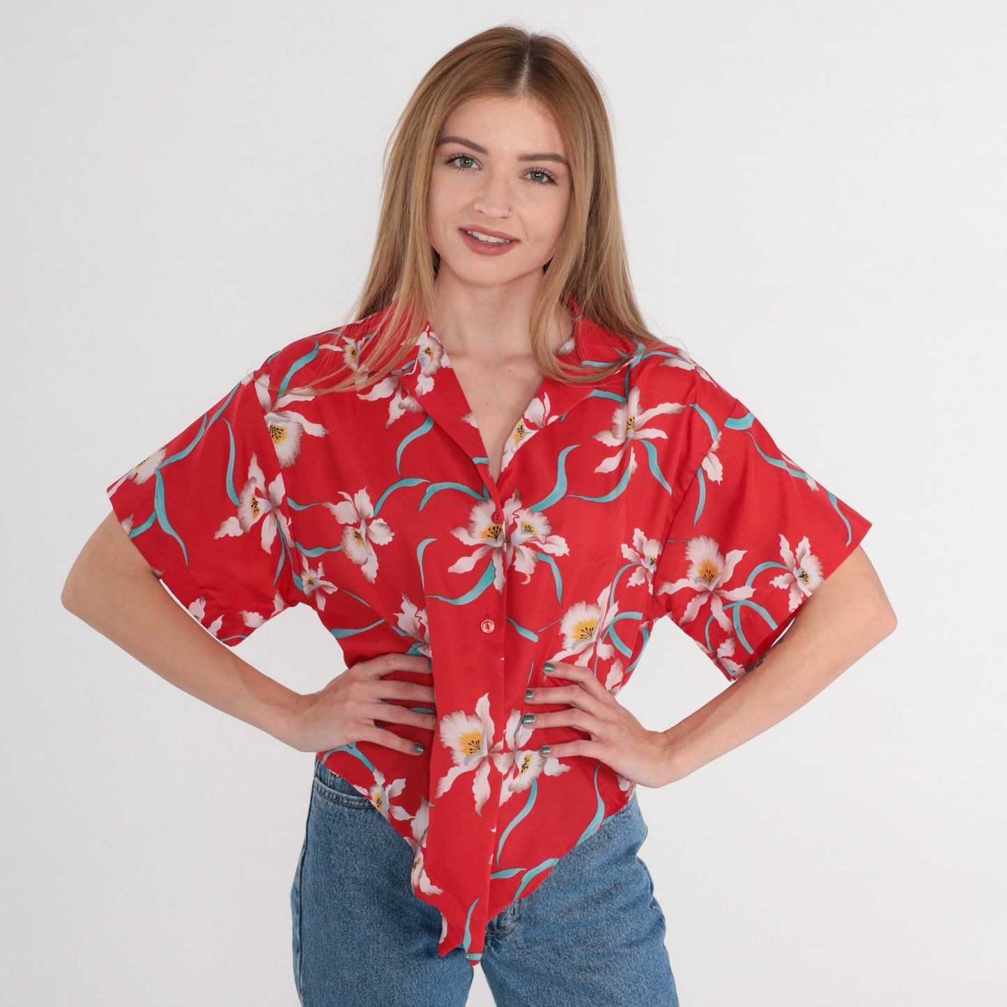 90s Red Tropical Floral Button-Up Shirt Tie Front Short Sleeve Medium M