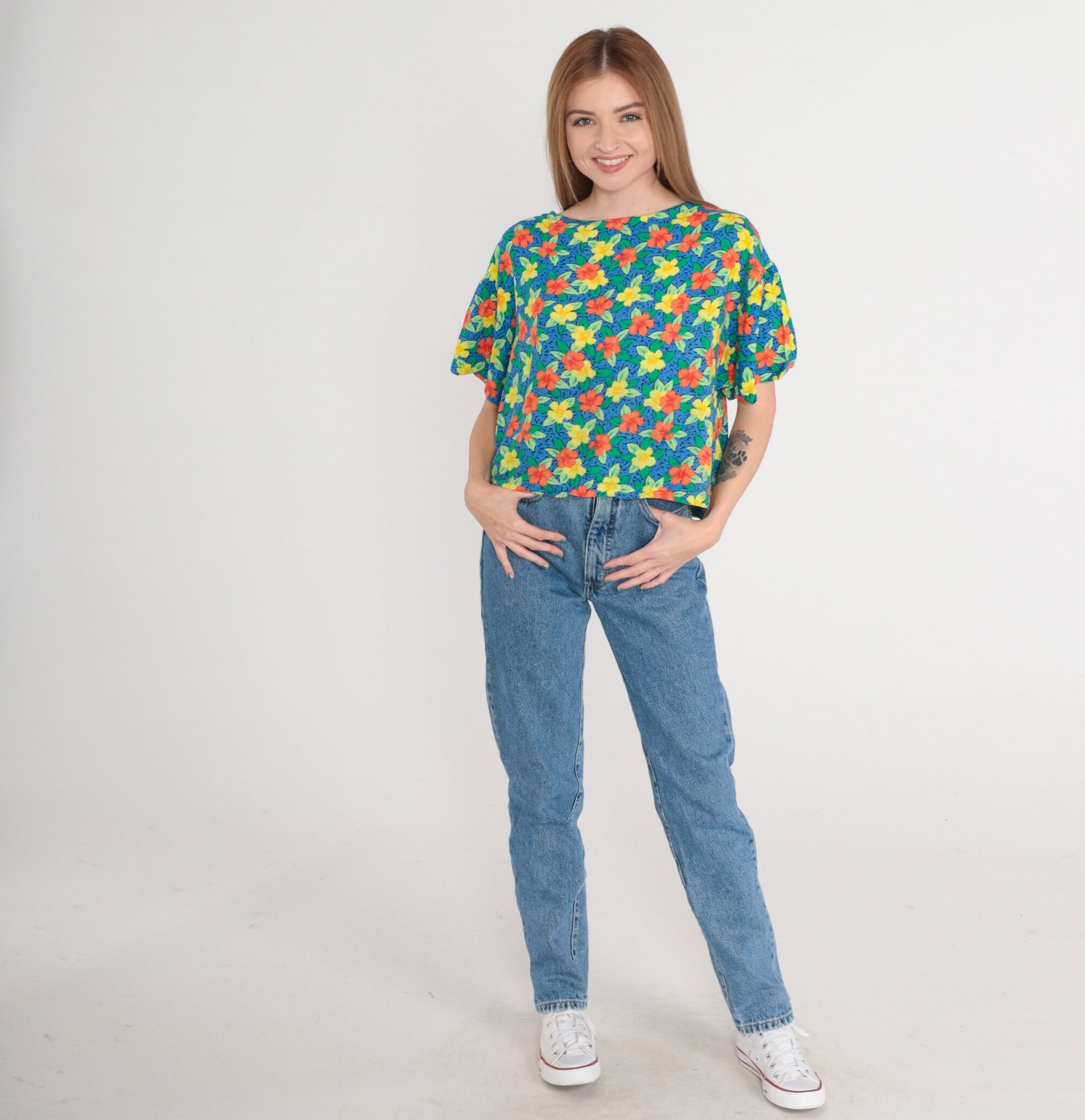 90s Tropical Hibiscus Floral Rayon Shirt Blue Short Sleeve Small