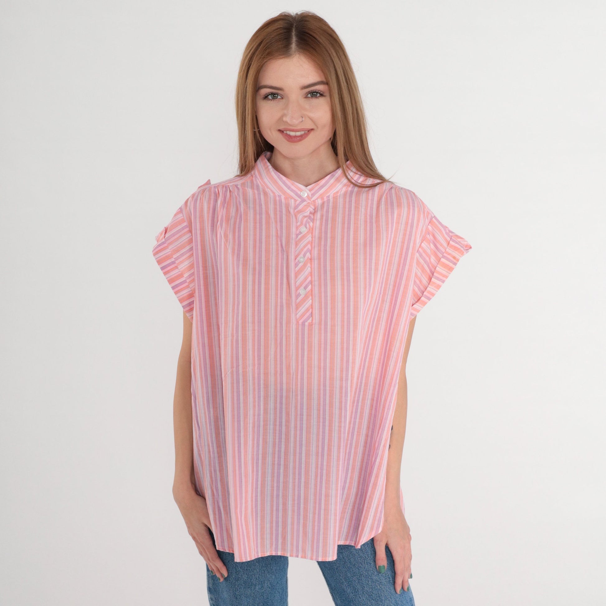80s Striped Half-Button Blouse Pink Orange Purple Cap Sleeve Extra Large XXL