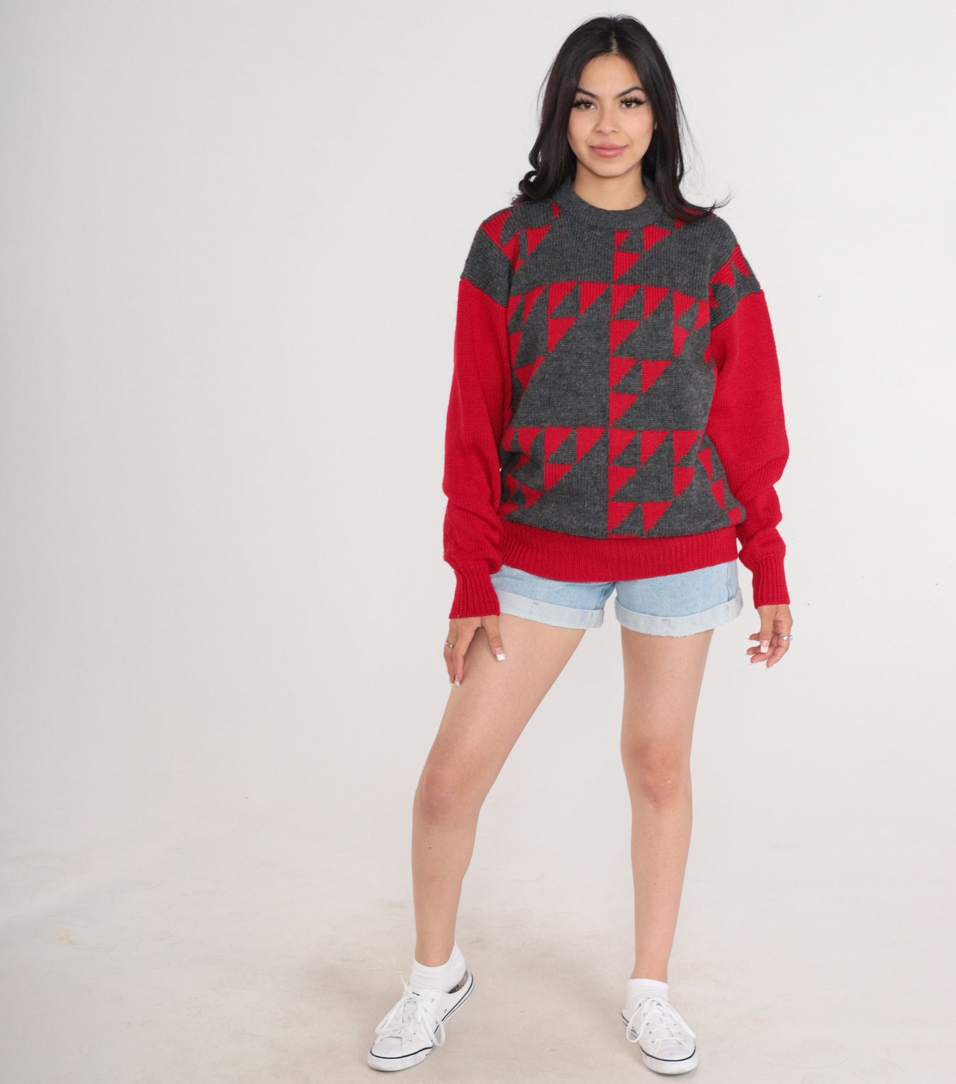 80s Pringle of Scotland Wool Geometric Sweater Red Grey Crewneck Medium
