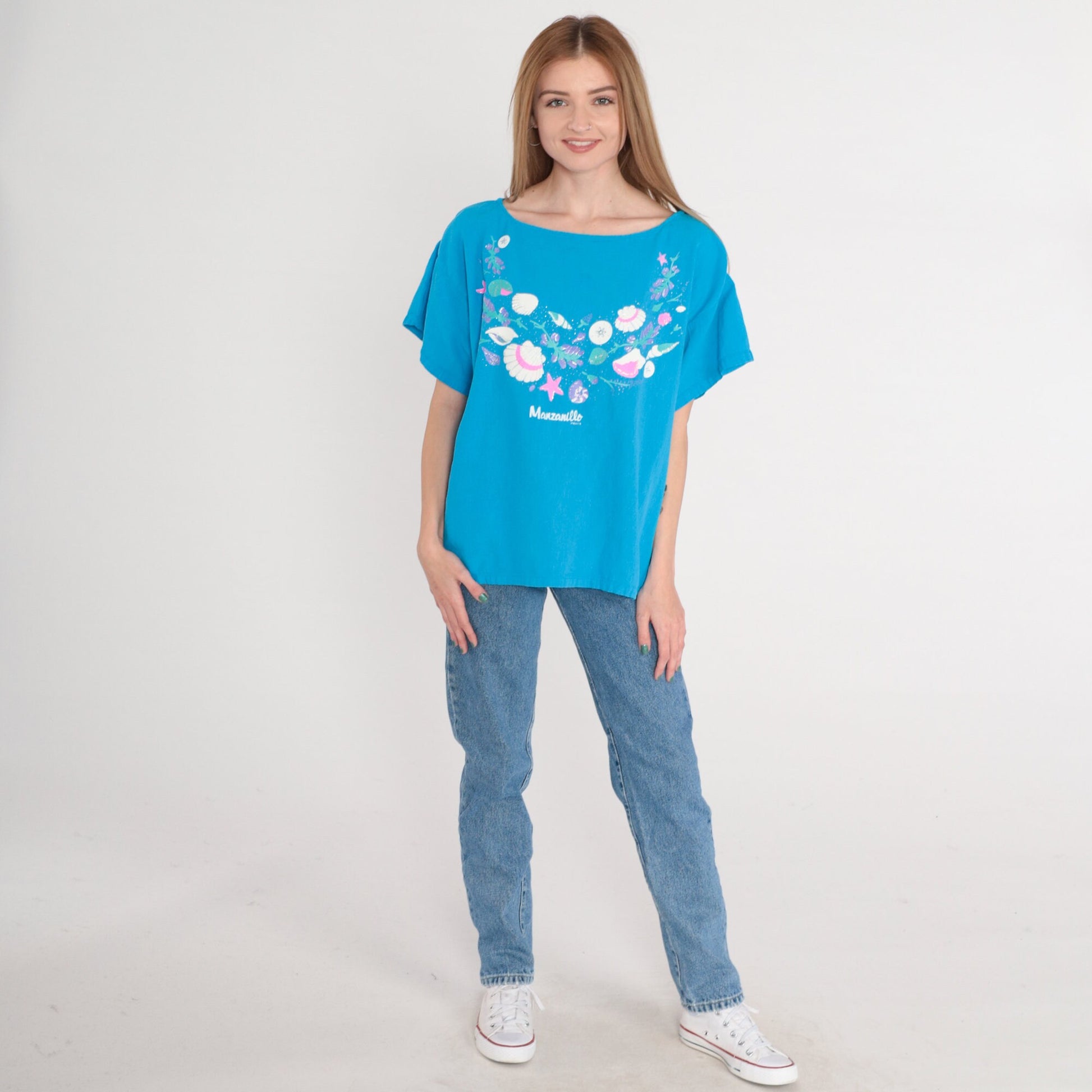 90s Manzanillo Mexico Blue Seashell Starfish Glitter Blouse Extra Large XL