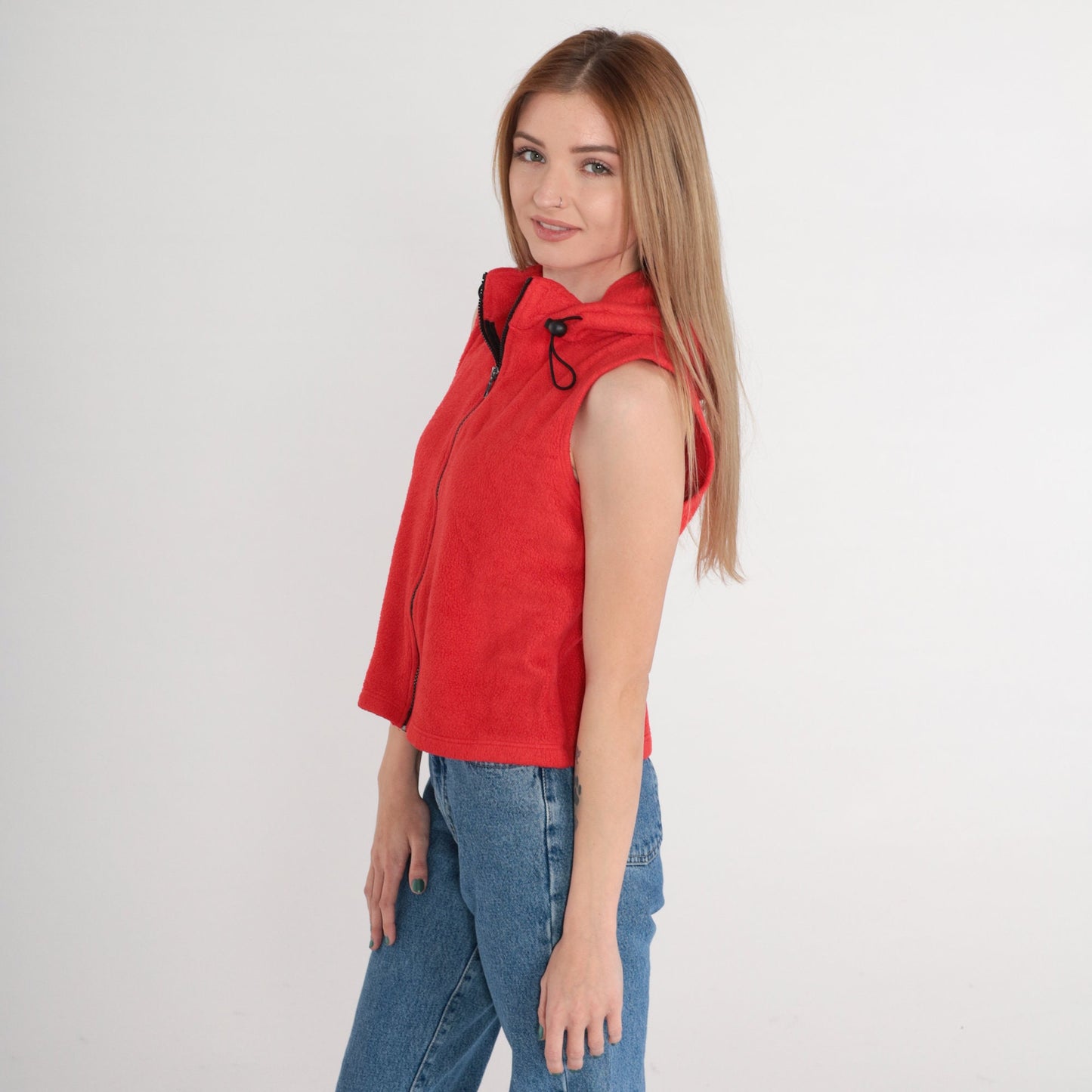 90s Forever 21 Red Fleece Hooded Zip Vest Small