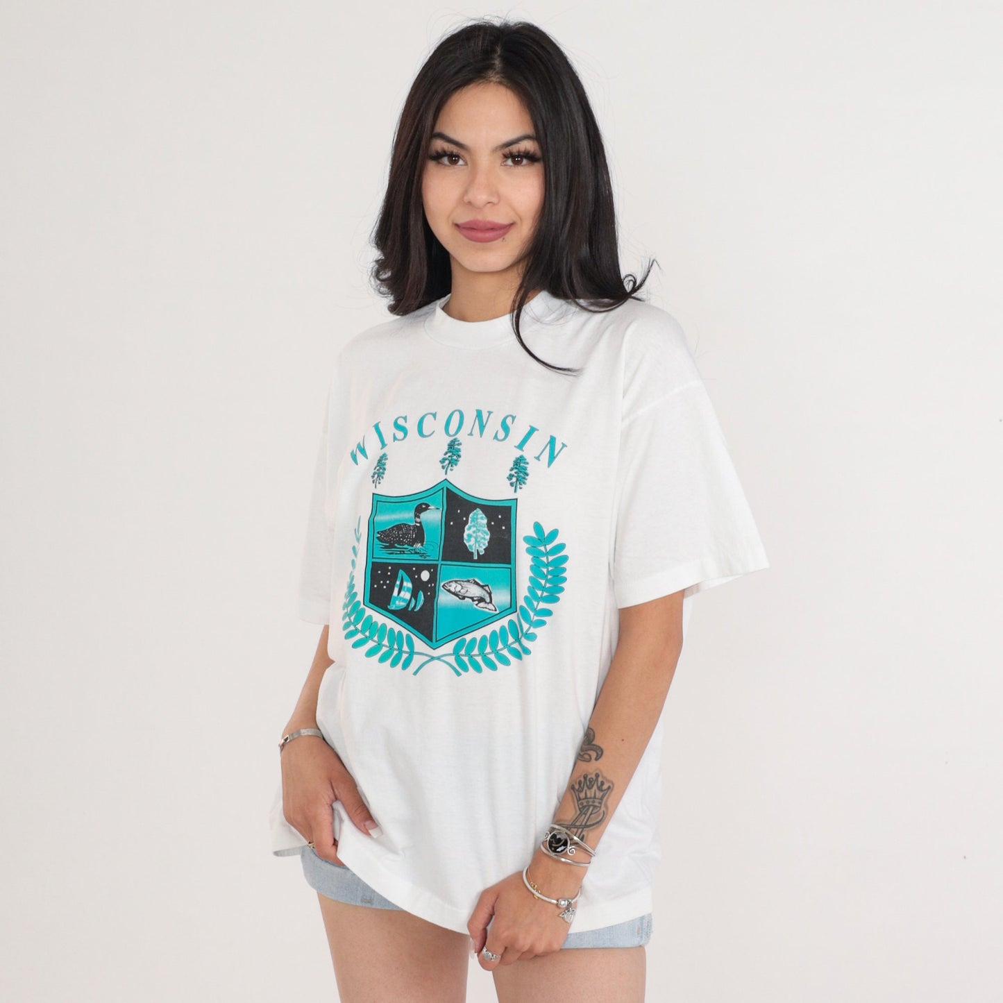 90s Wisconsin State Crest Graphic T-Shirt Single Stitch White Extra Large XL
