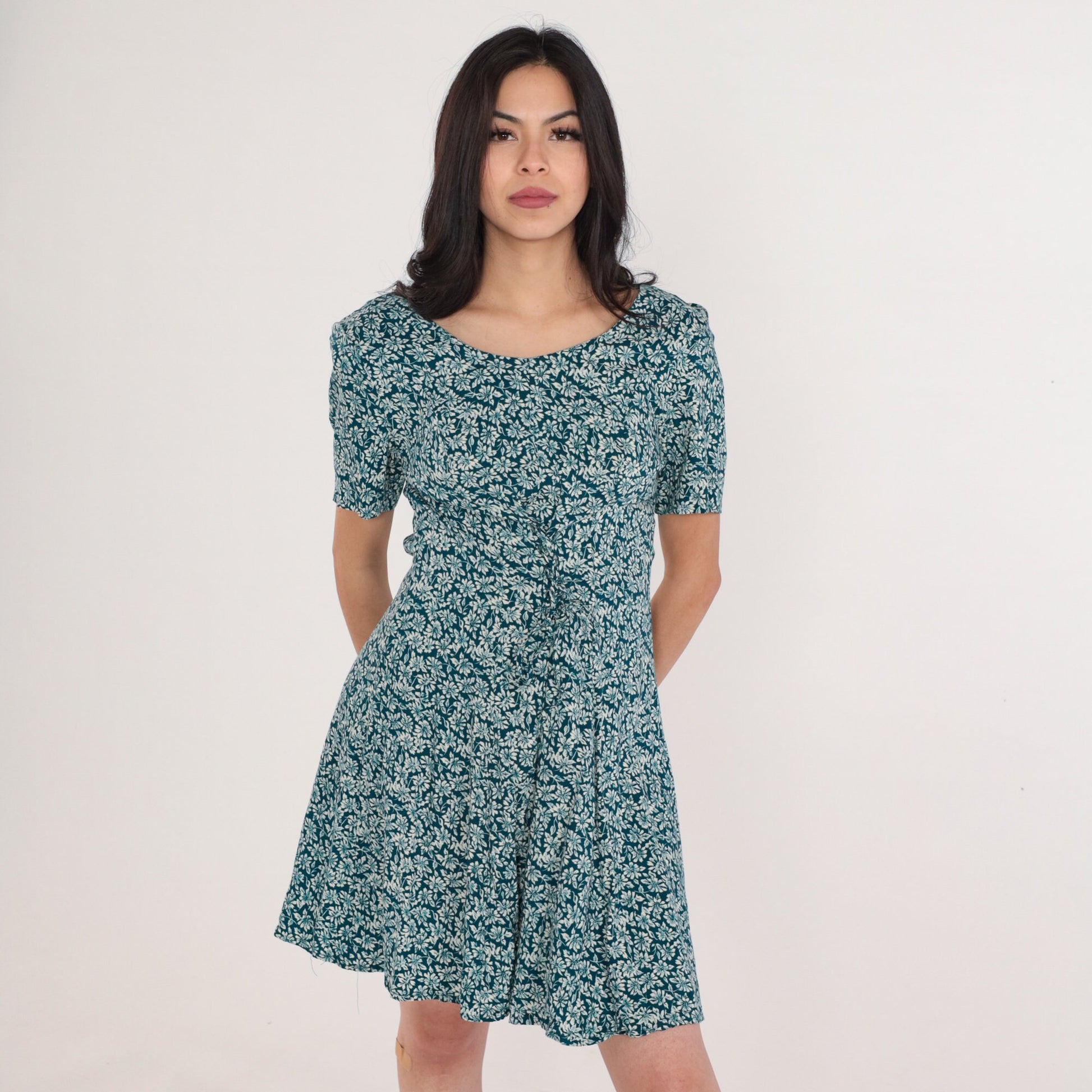 90s Blue Green Ditsy Floral Mini Dress Lace Up Corset Short Sleeve Medium