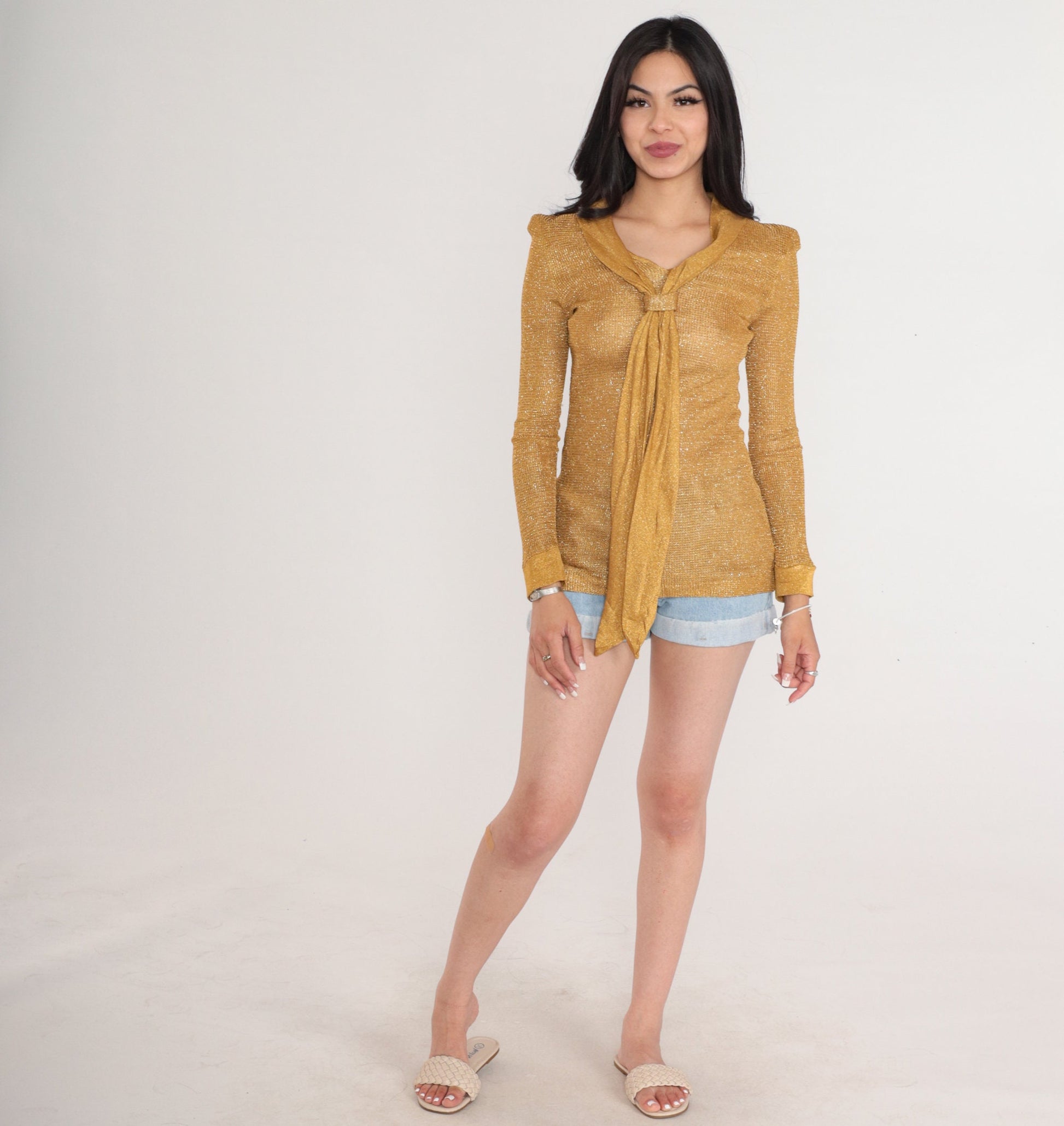 60s Alex Colman Metallic Gold Necktie Blouse Long Sleeve XS