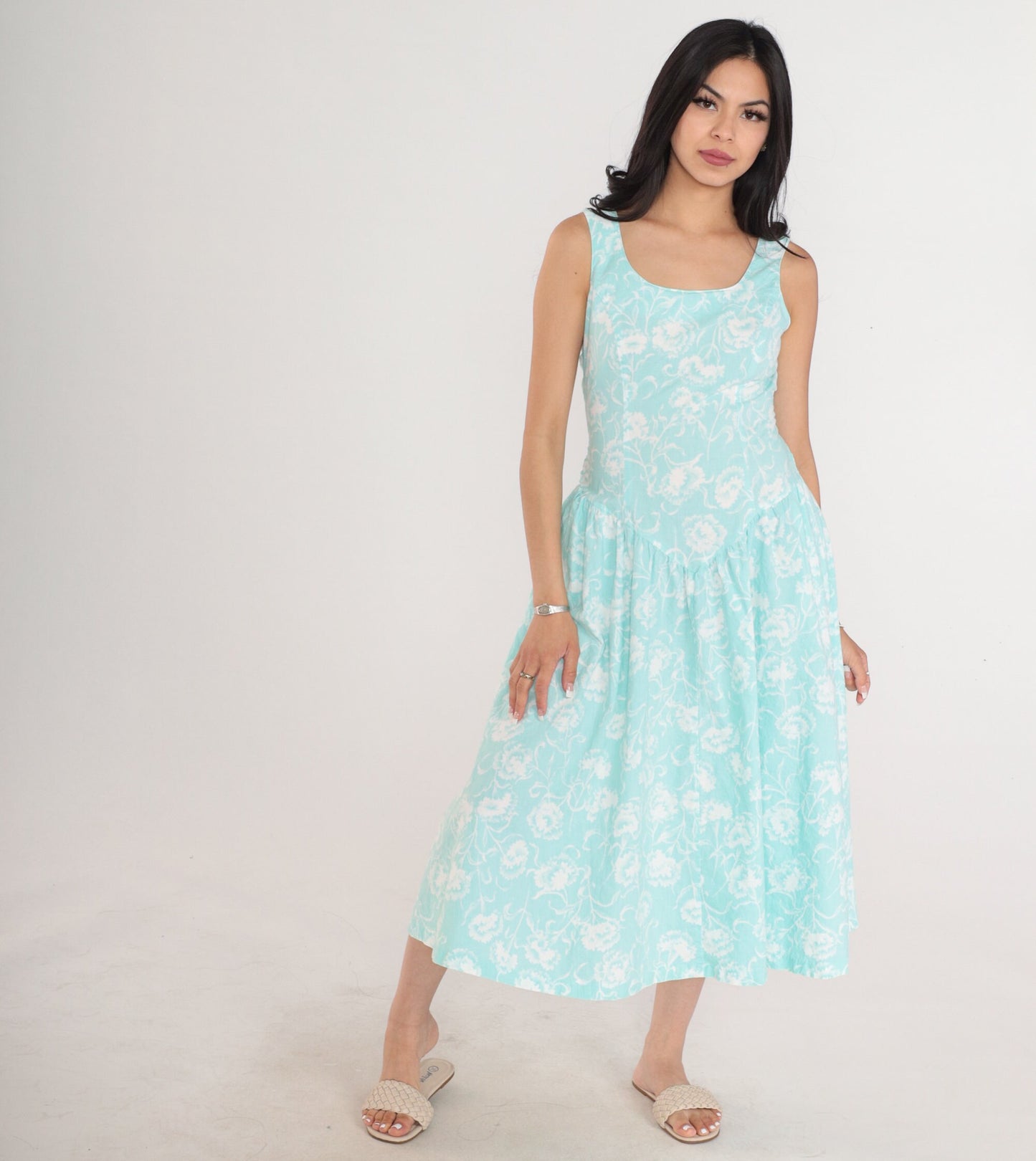 80s Joni Blair Floral Midi Sundress Light Aqua Cotton Basque Waist Small