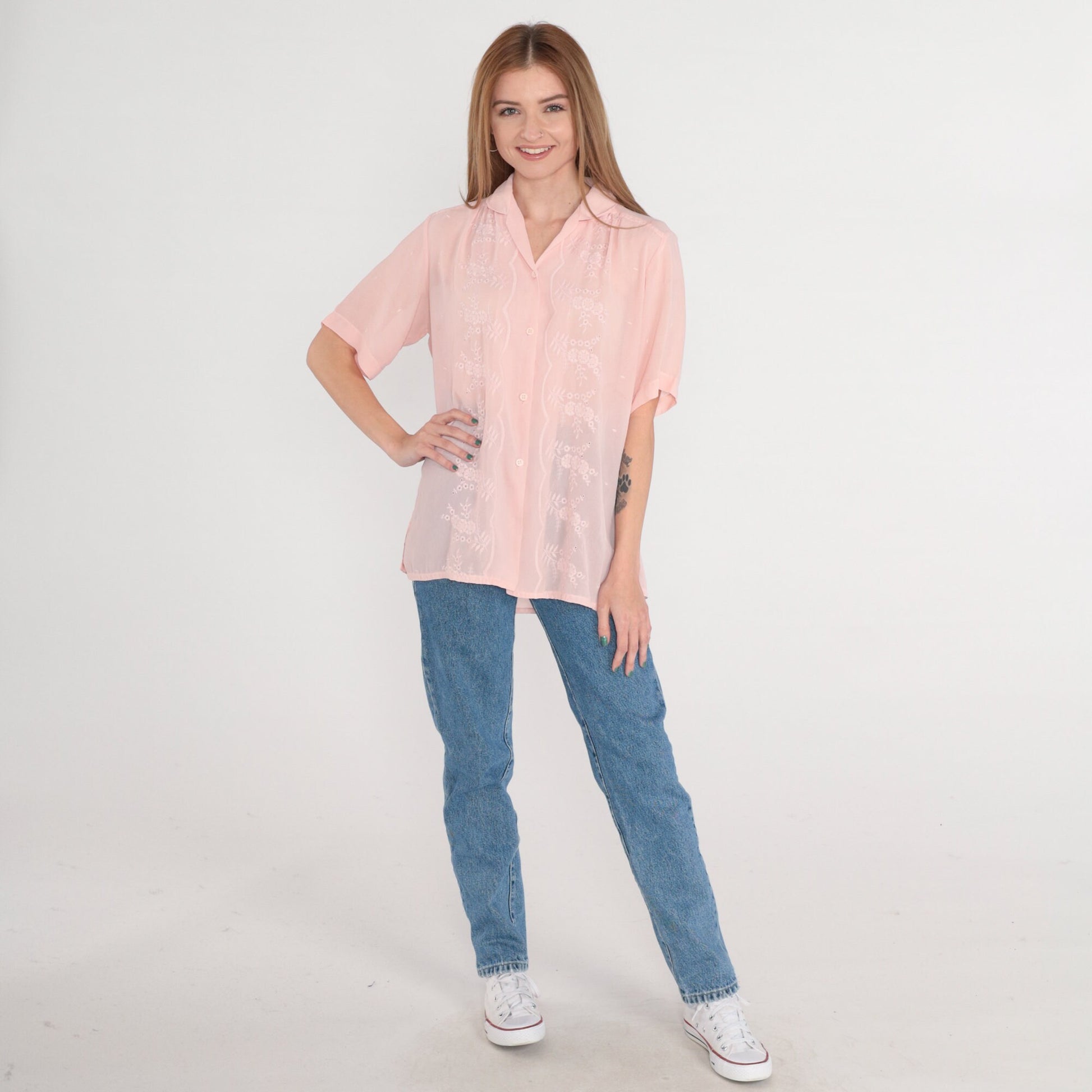 80s Pink Floral Embroidered Blouse Puff Sleeve Button-Up Collared Large
