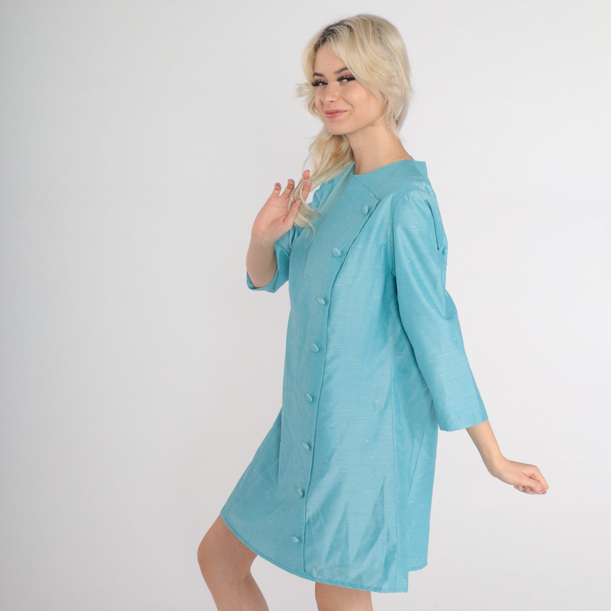 60s Blue Mod Mini Dress Button Front Long Sleeve Shift Dress Large L