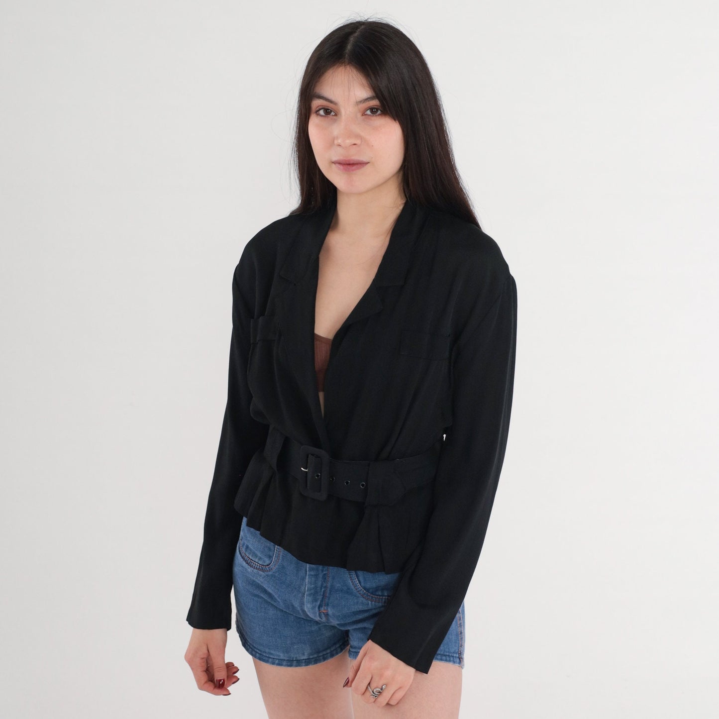 90s Joule Black Blazer Deep V Neck Belted Structured Jacket Small