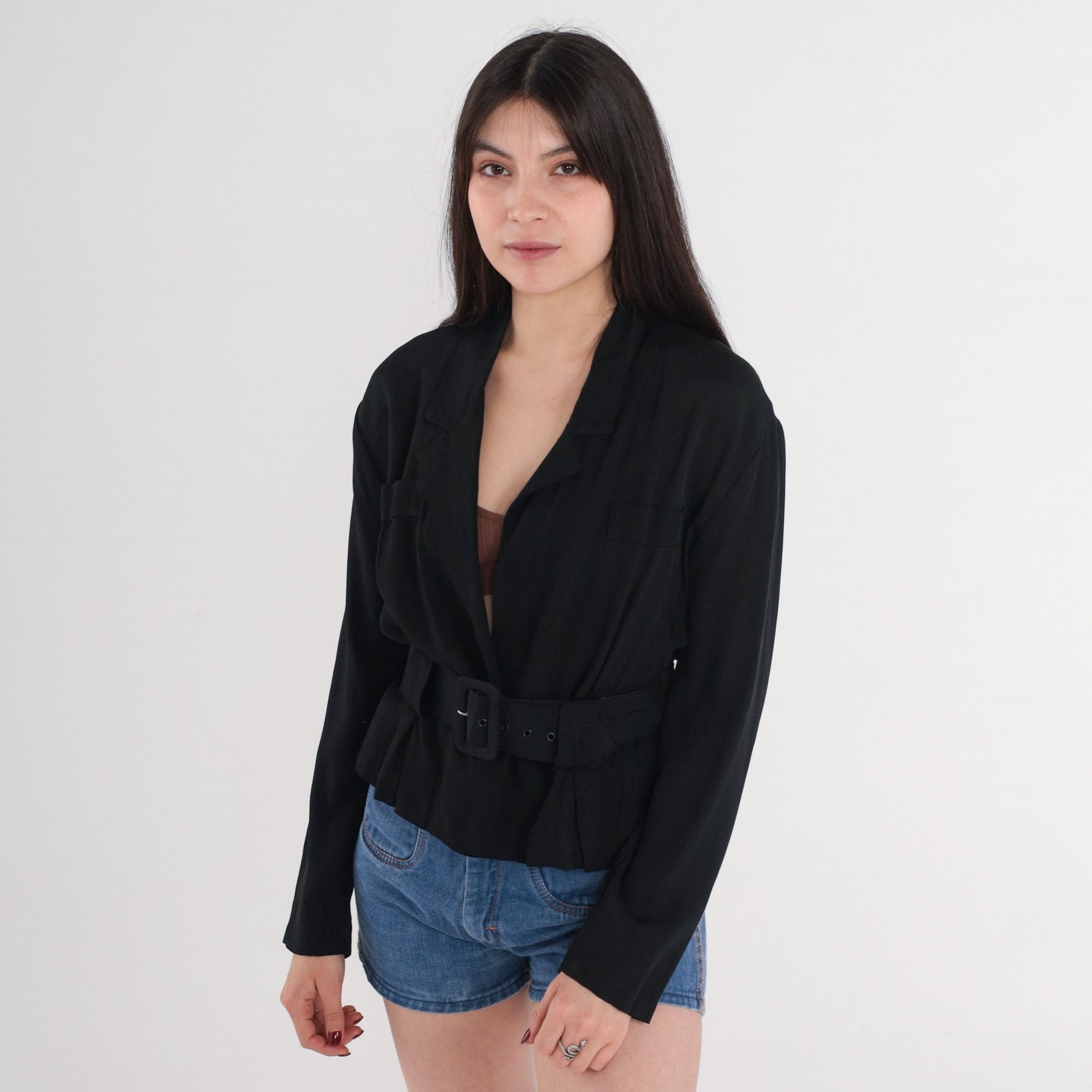 90s Joule Black Blazer Deep V Neck Belted Structured Jacket Small