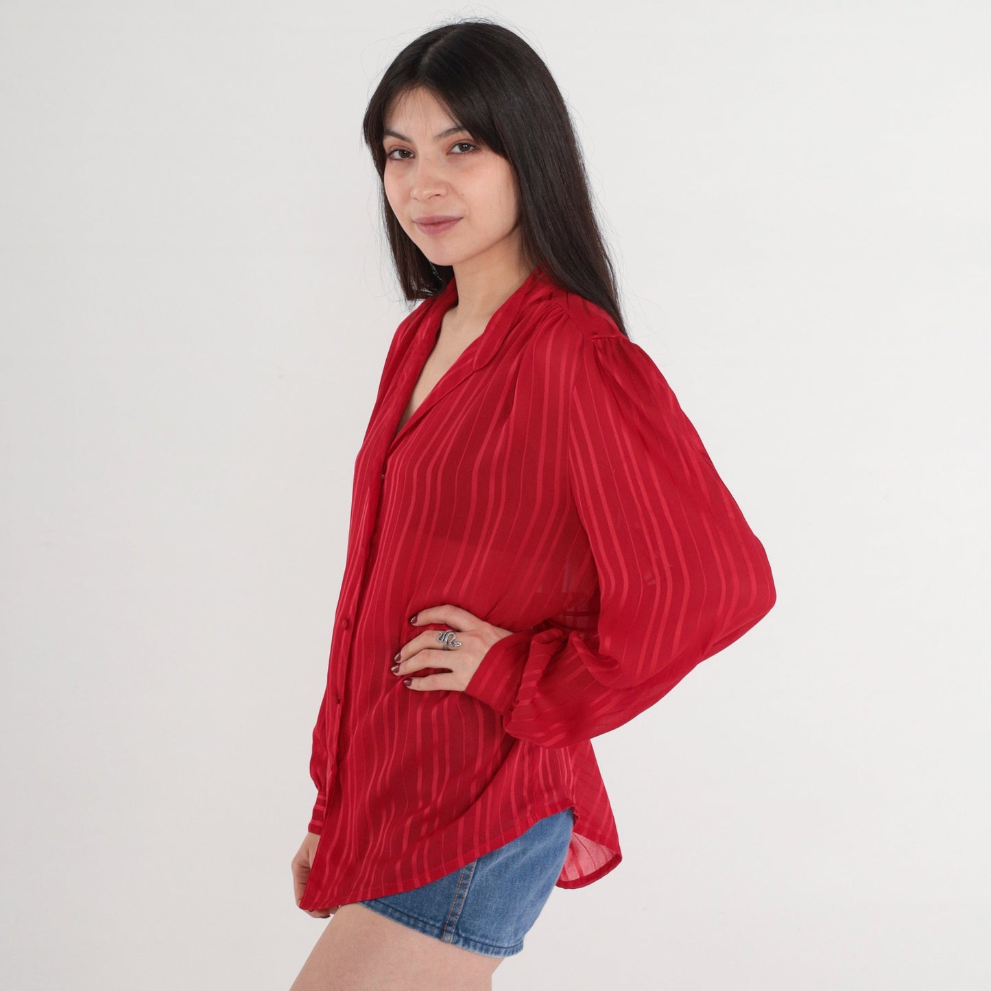 70s Red Striped Blouse Puff Sleeve Button-Up Semi-Sheer Long Sleeve Large L