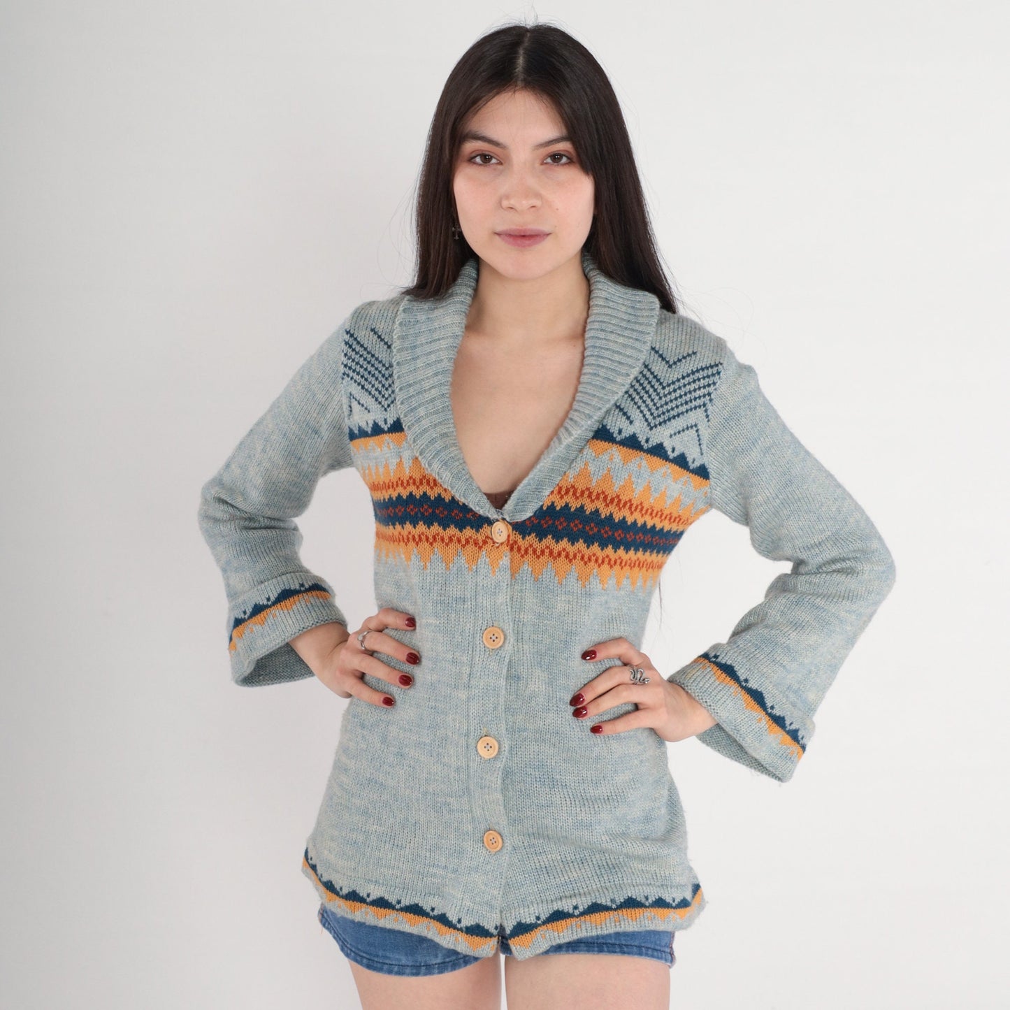 70s Fair Isle Cardigan Blue Geometric Nordic Knit Shawl Collar Medium M
