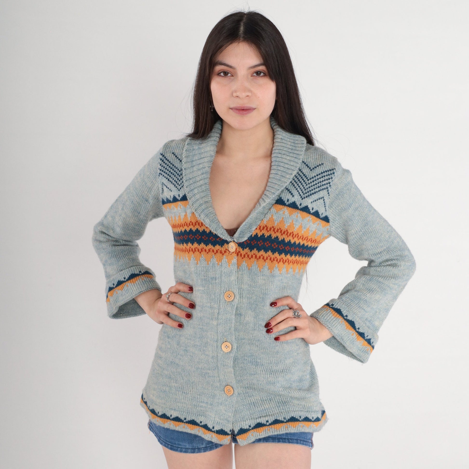70s Fair Isle Cardigan Blue Geometric Nordic Knit Shawl Collar Medium M