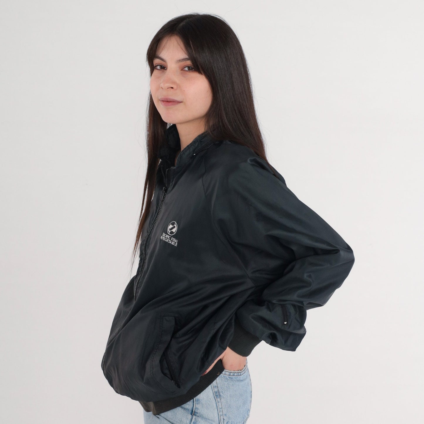 80s Tropic Fish Vegetable Logo Bomber Jacket Black Nylon Zip Windbreaker Large L