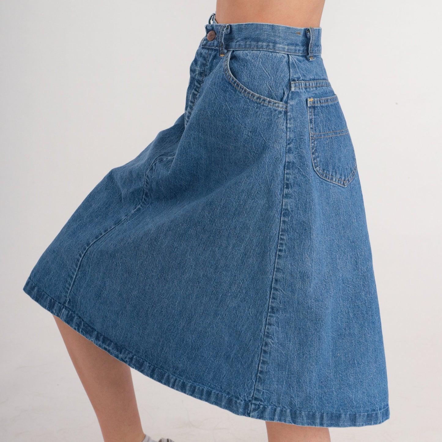 80s Blue Denim Midi Skirt A-Line High Waist Star Pocket Small