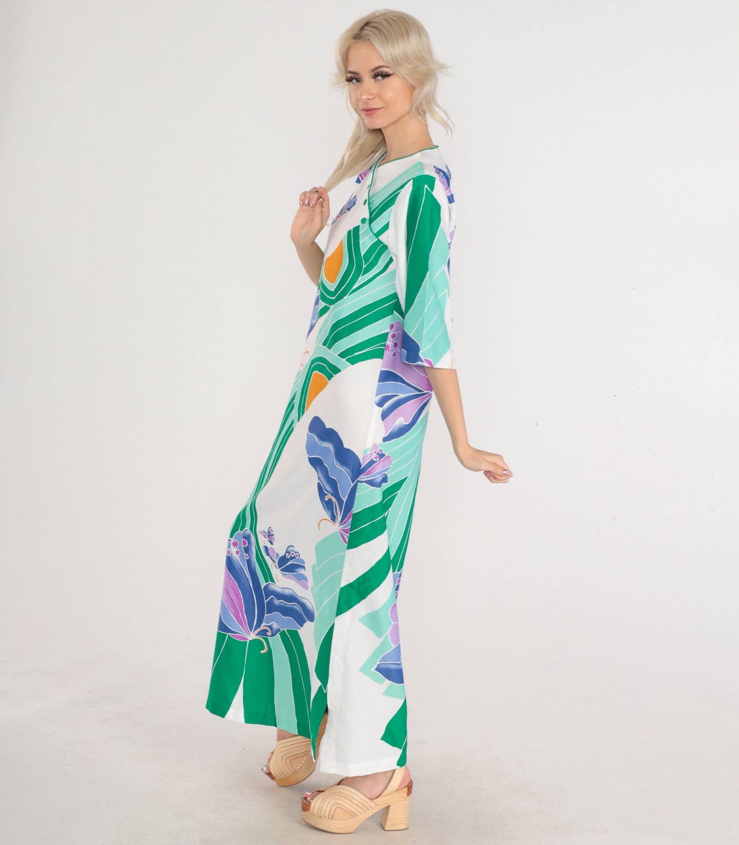 70s Butterfly Maxi Dress White Green Purple Psychedelic Print Button Front XS