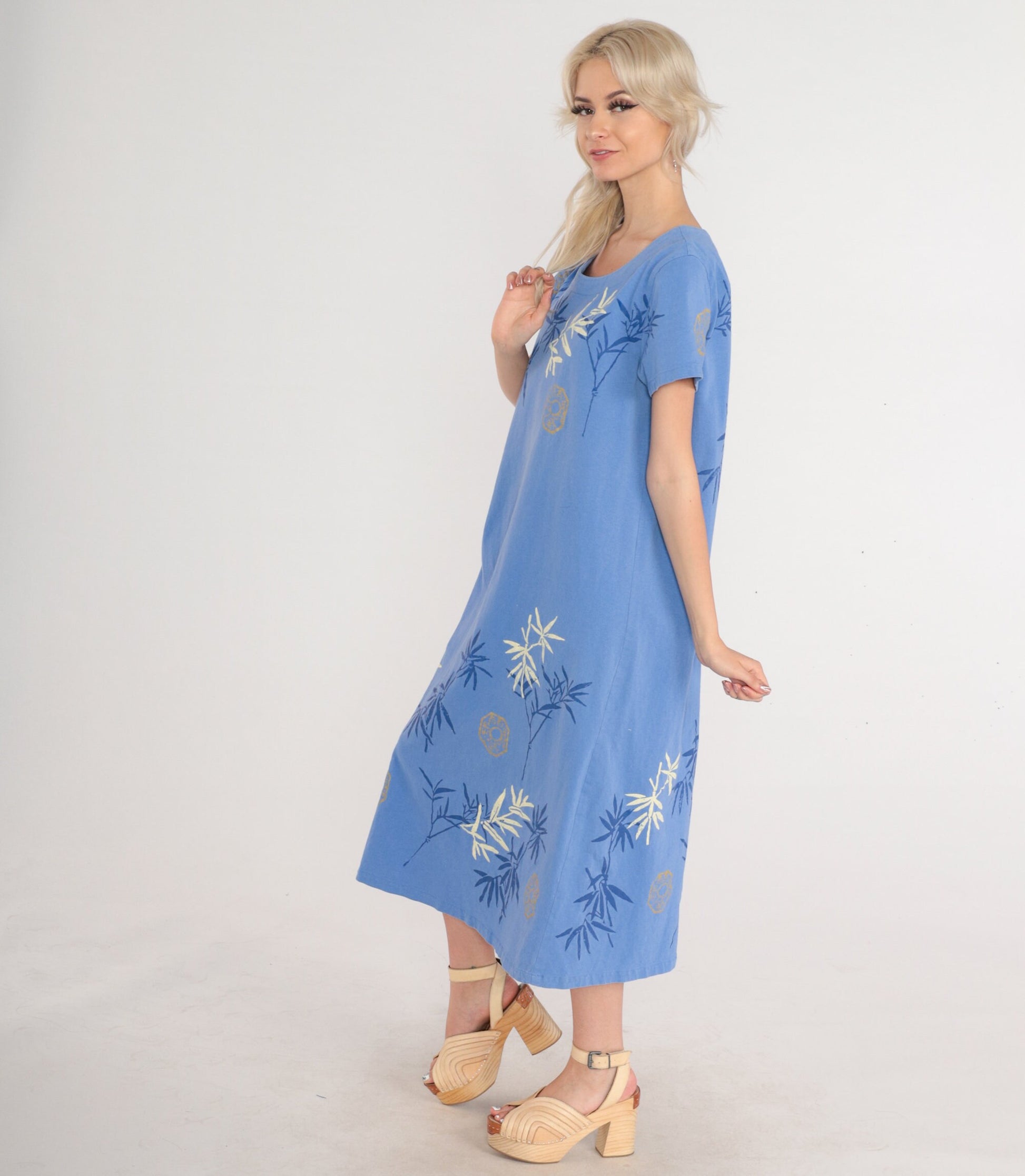 90s Bamboo Chinese Hanzi Print Cotton Midi Dress Blue Short Sleeve Large L