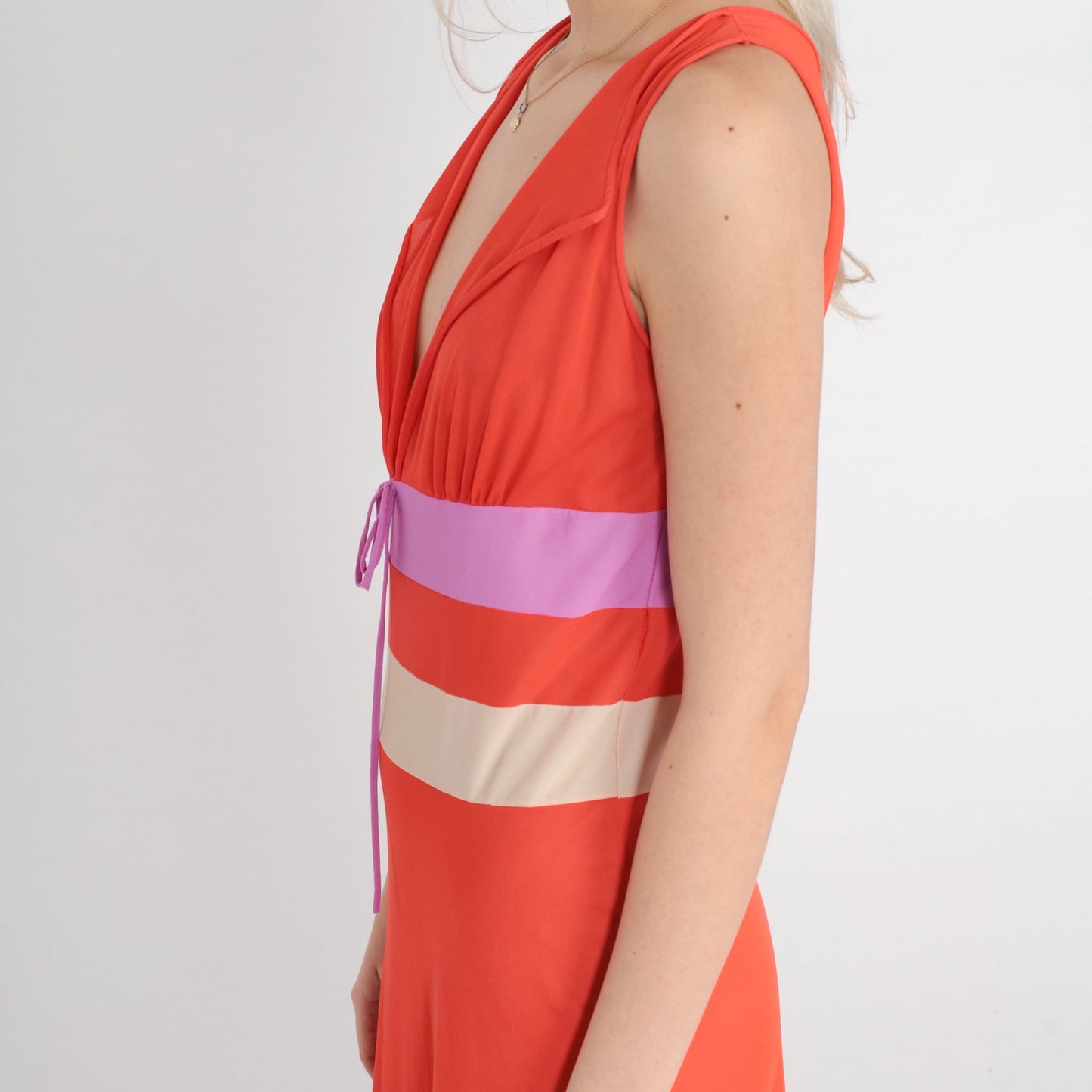 70s Orange Nylon Maxi Slip Dress Deep V Neck Empire Waist Nightgown Small