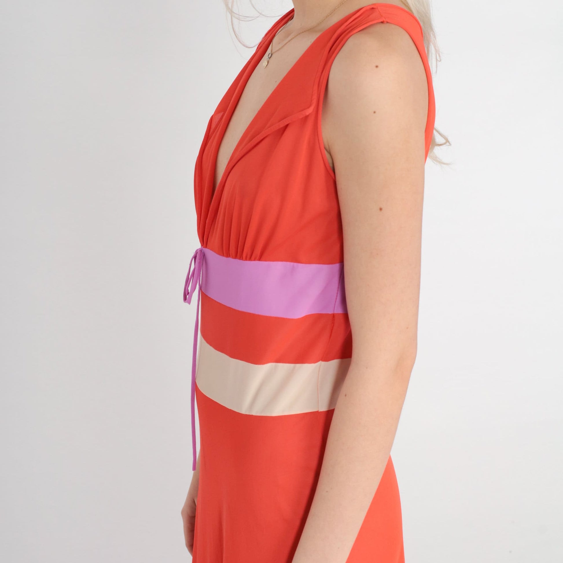 70s Orange Nylon Maxi Slip Dress Deep V Neck Empire Waist Nightgown Small