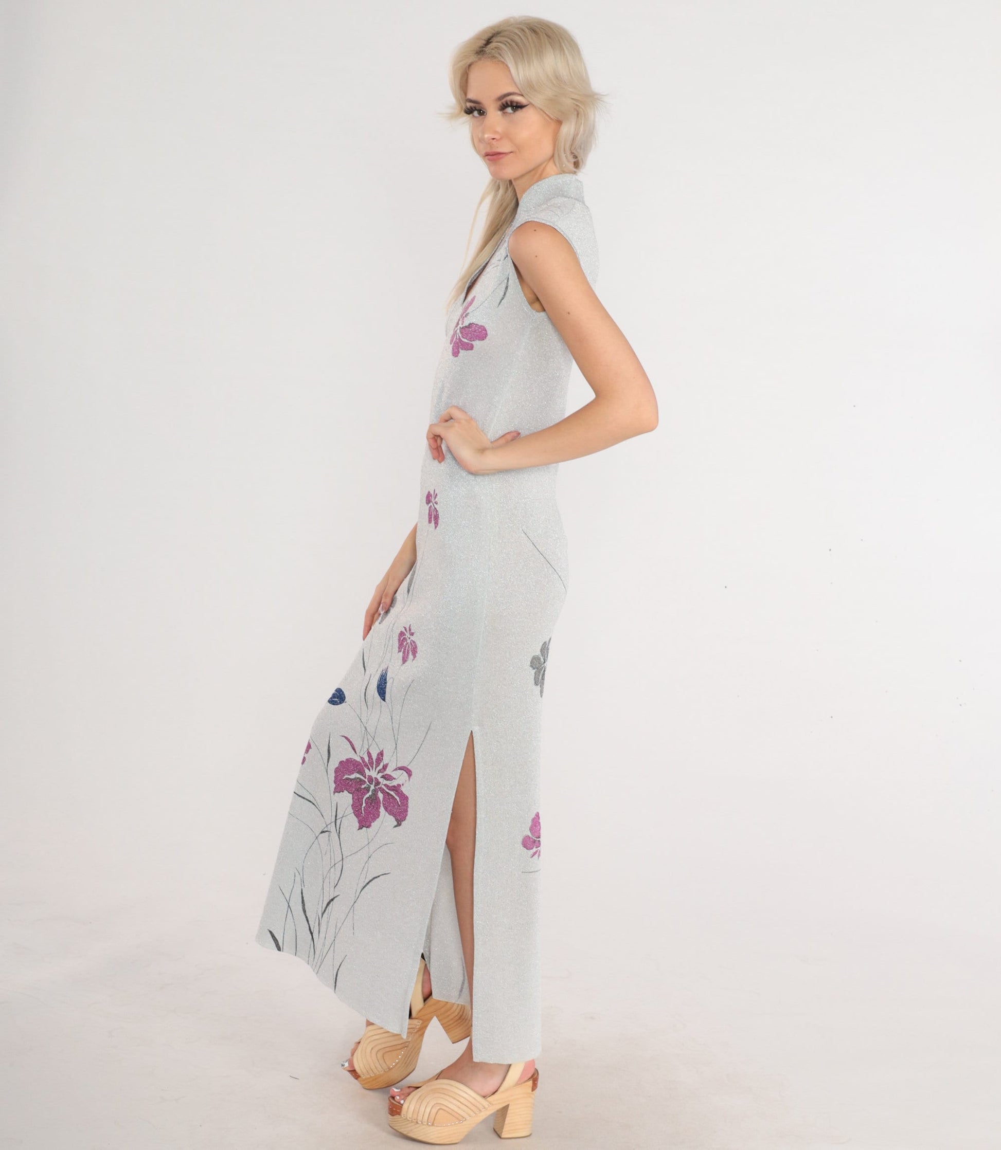 70s Metallic Silver Floral Maxi Gown V-Neck Sleeveless Side Slit Evening Dress XS