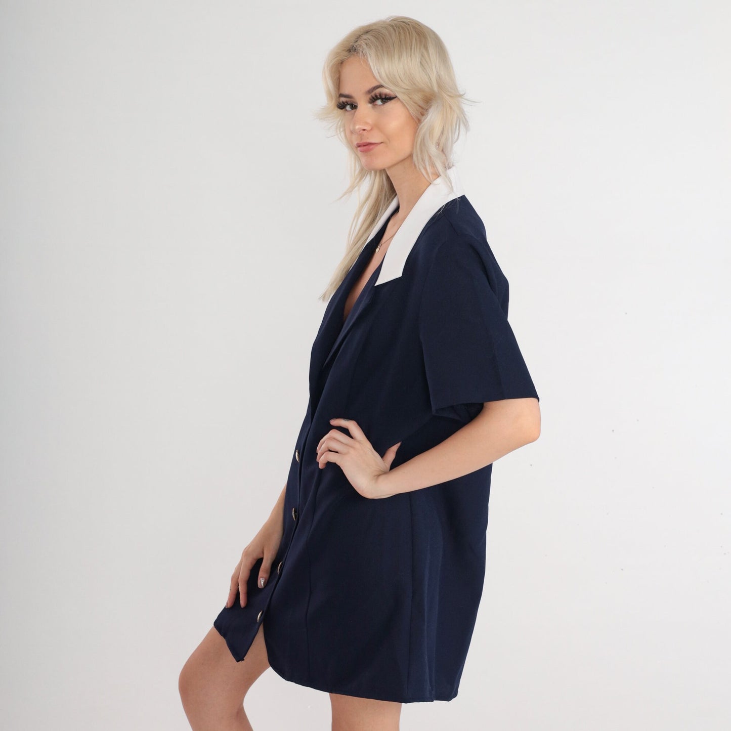 80s Navy Blue Mini Shirtdress Collared Button-Up White Trim Large L