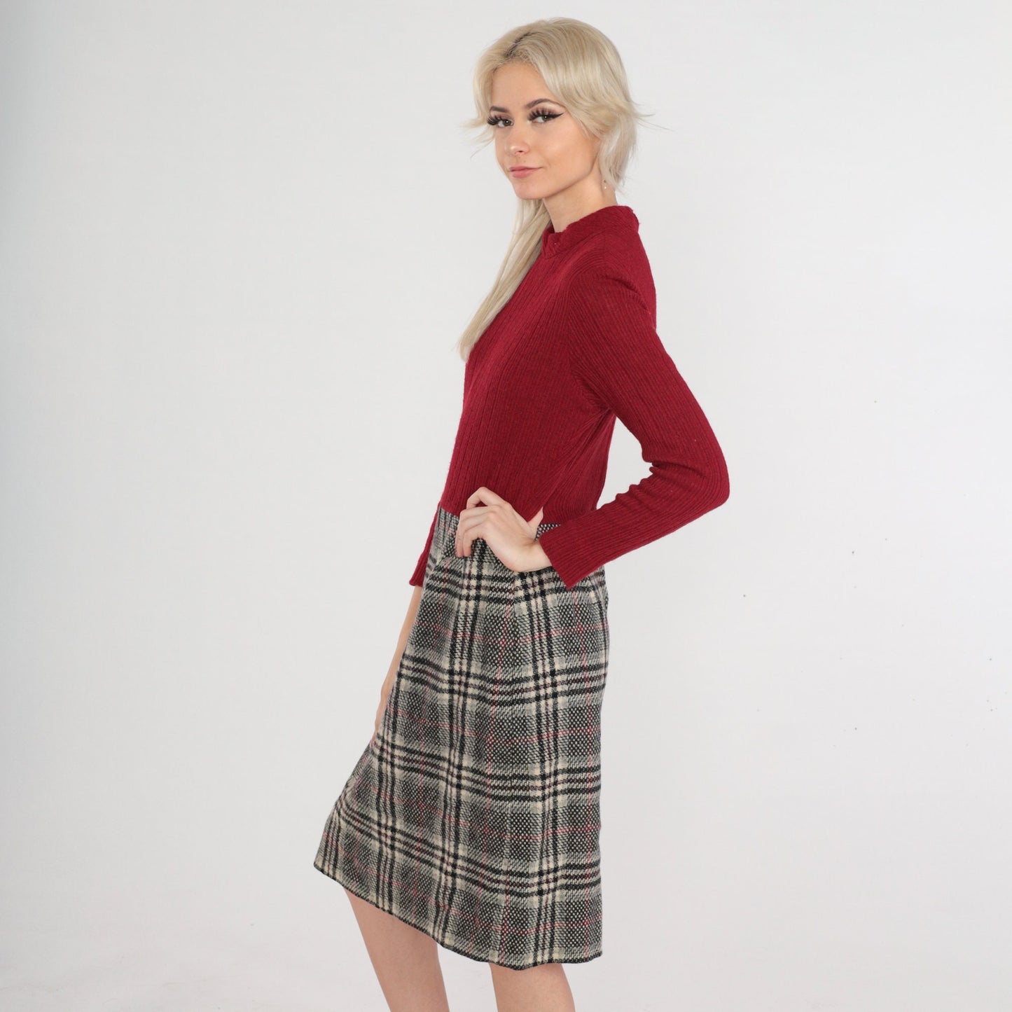 60s Dark Red Plaid Wool Blend Midi Dress Mock Neck Long Sleeve Medium