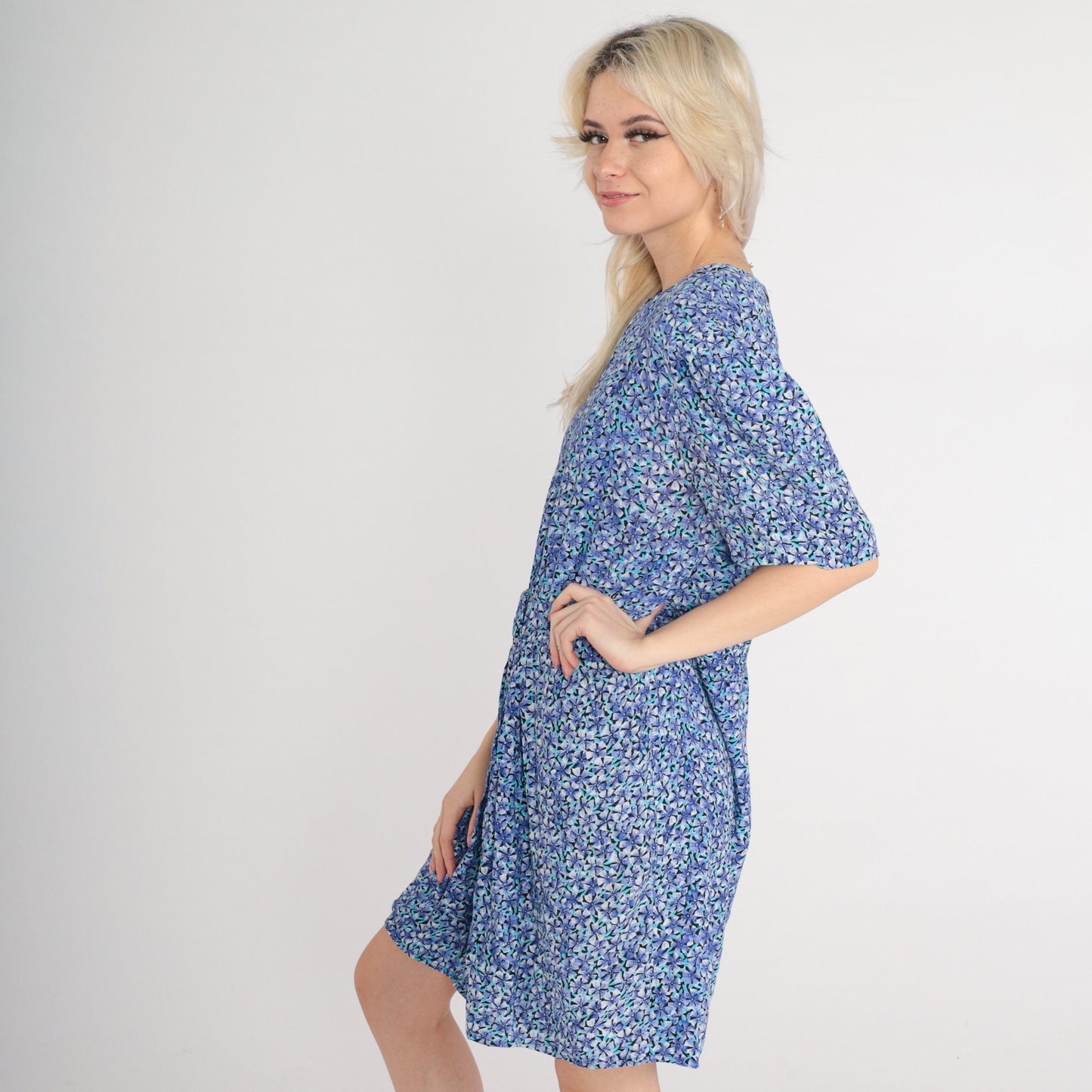 80s Purple Floral Mini Dress High Waist Puff Sleeve Button Back Large L