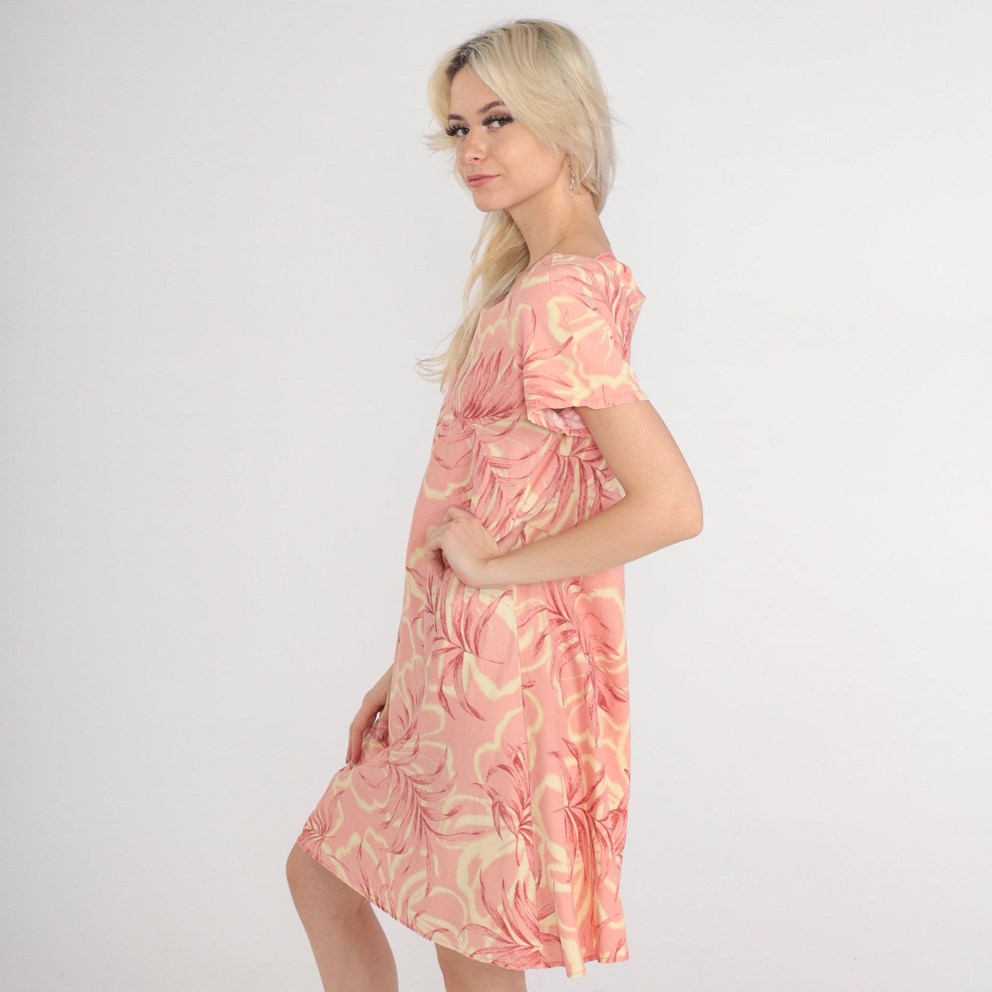 Y2K Iolani Tropical Floral Mini Dress Pink Short Sleeve Shift Small S