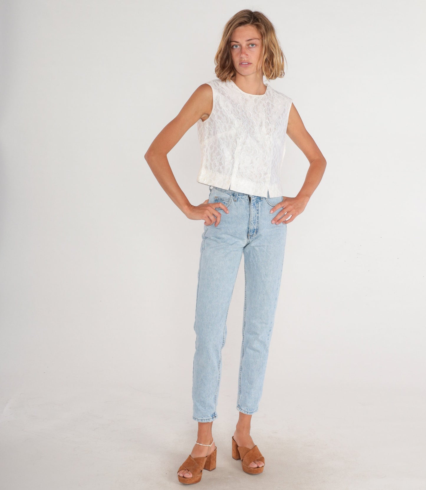 60s White Lace Crop Tank Top Sleeveless Blouse Button Back Medium