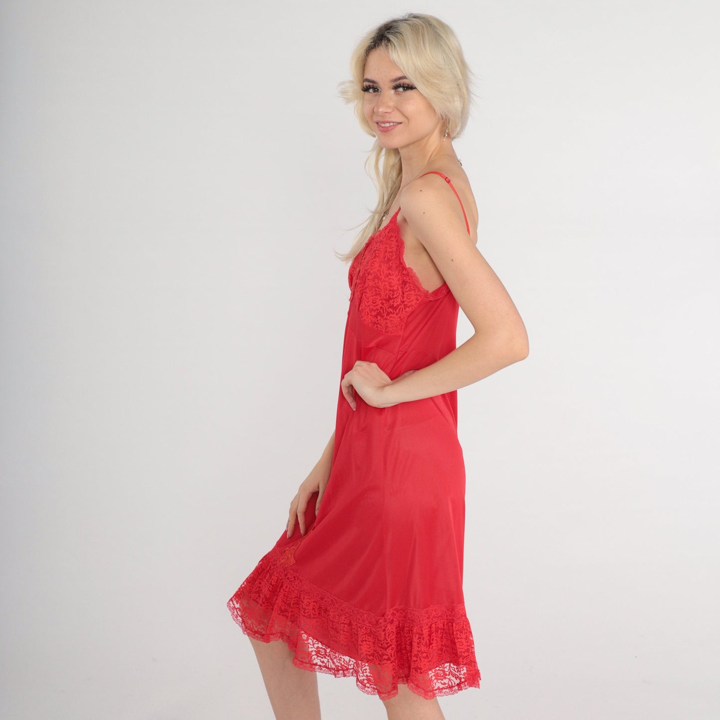 70s Red Slip Dress Floral Lace Empire Waist Spaghetti Strap Knee-Length Medium