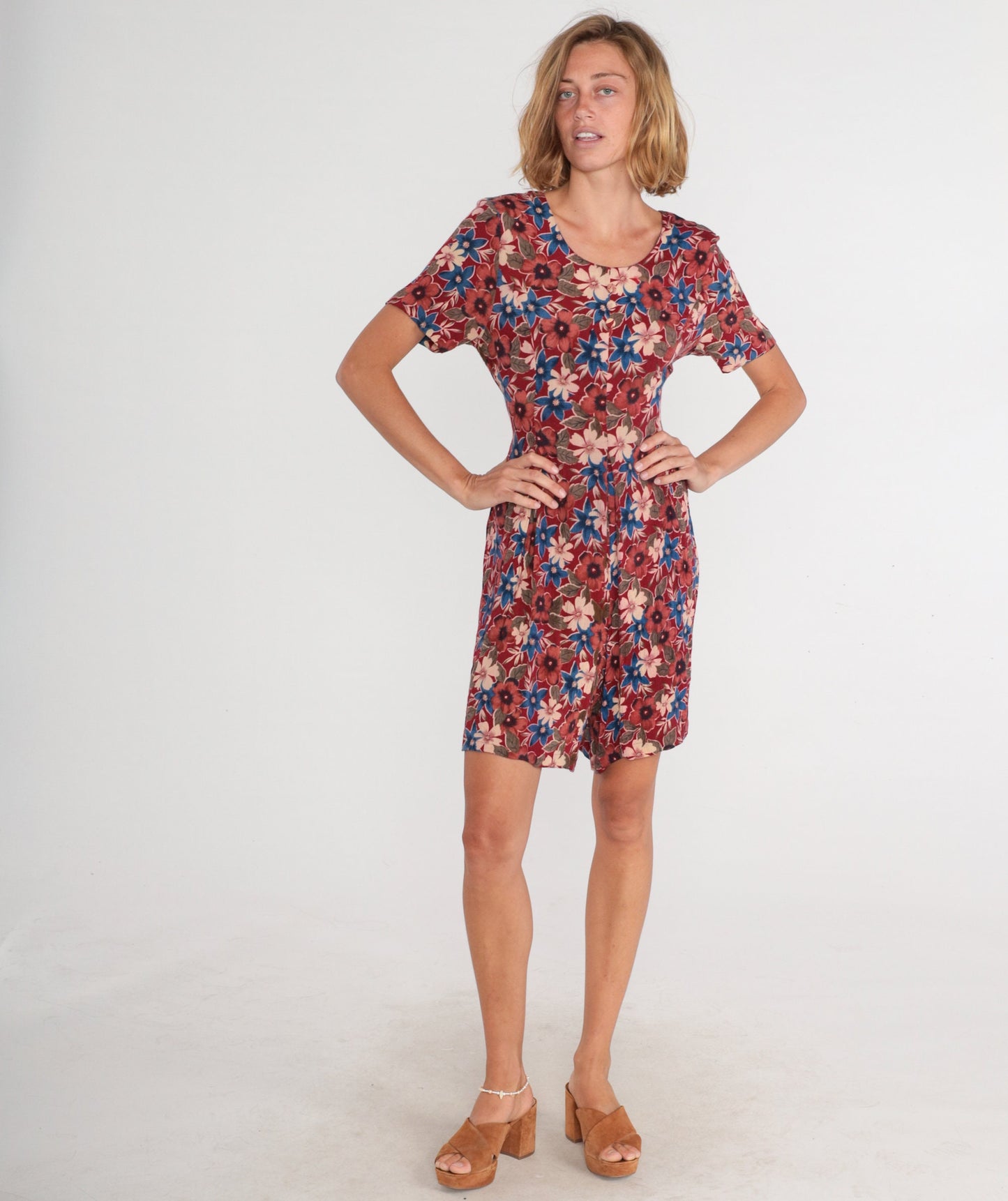 90s Karen Scott Red Floral Button-Up Romper Knee-Length Small S