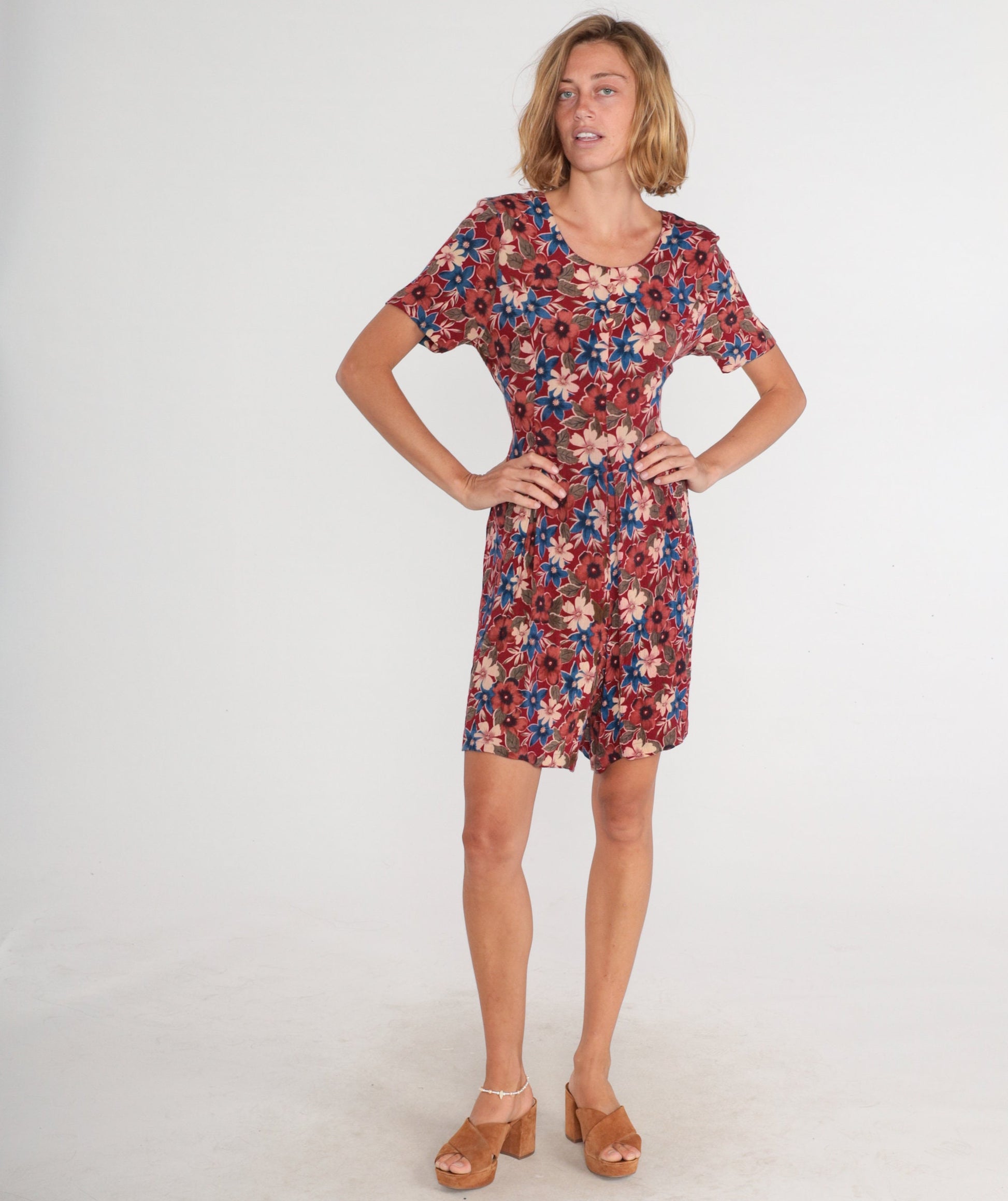 90s Karen Scott Red Floral Button-Up Romper Knee-Length Small S