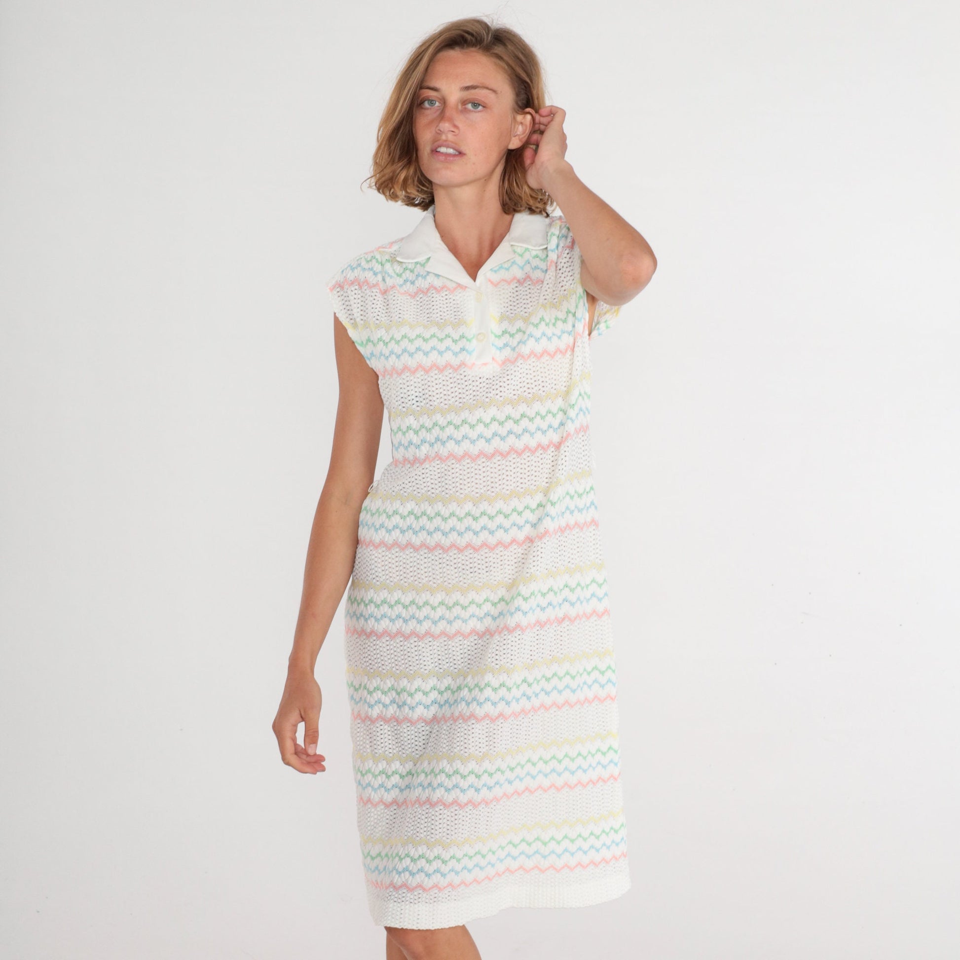70s White Crochet Midi Dress Pastel Zigzag Striped Collared Cap Sleeve Medium