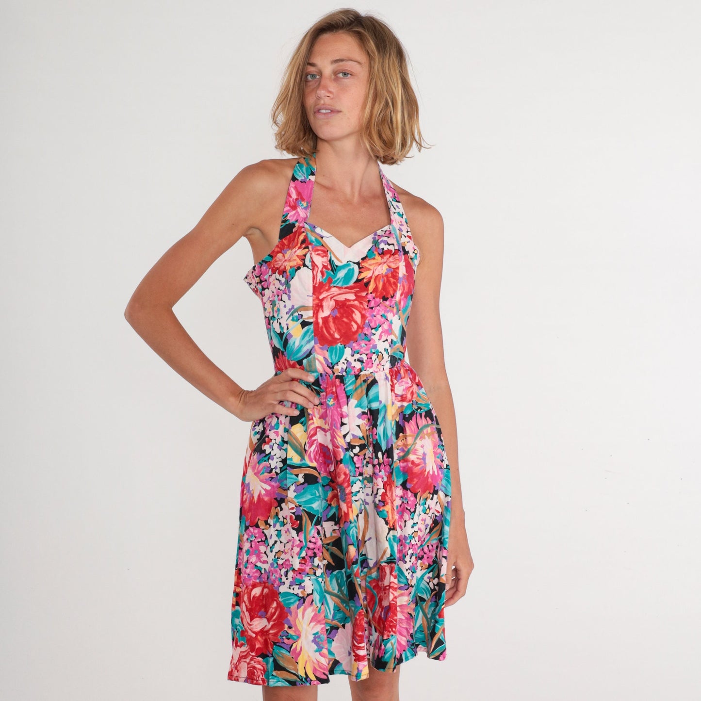 80s Floral Halter Mini Dress Sweetheart Neckline High Waist Full Skirt Extra Small