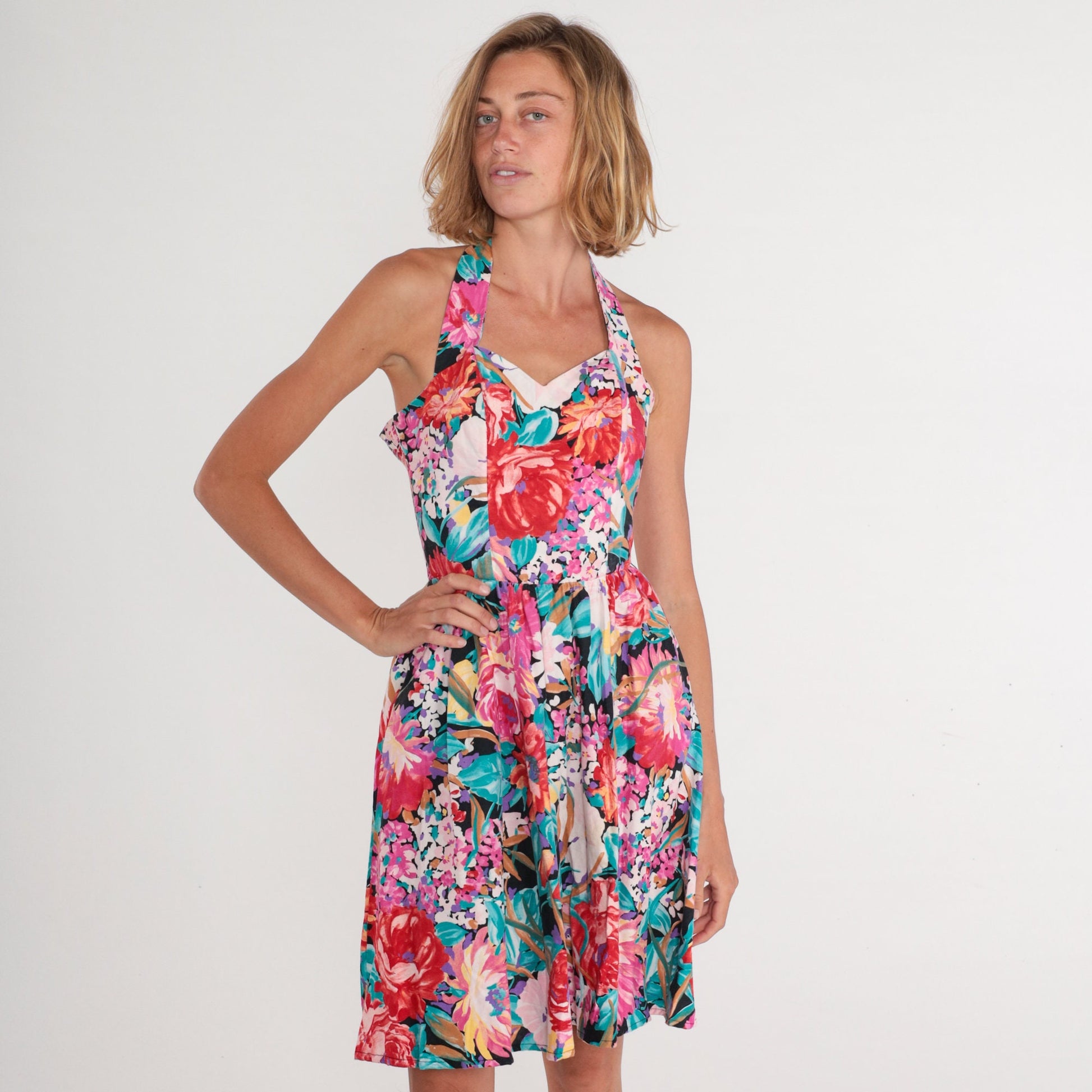80s Floral Halter Mini Dress Sweetheart Neckline High Waist Full Skirt Extra Small