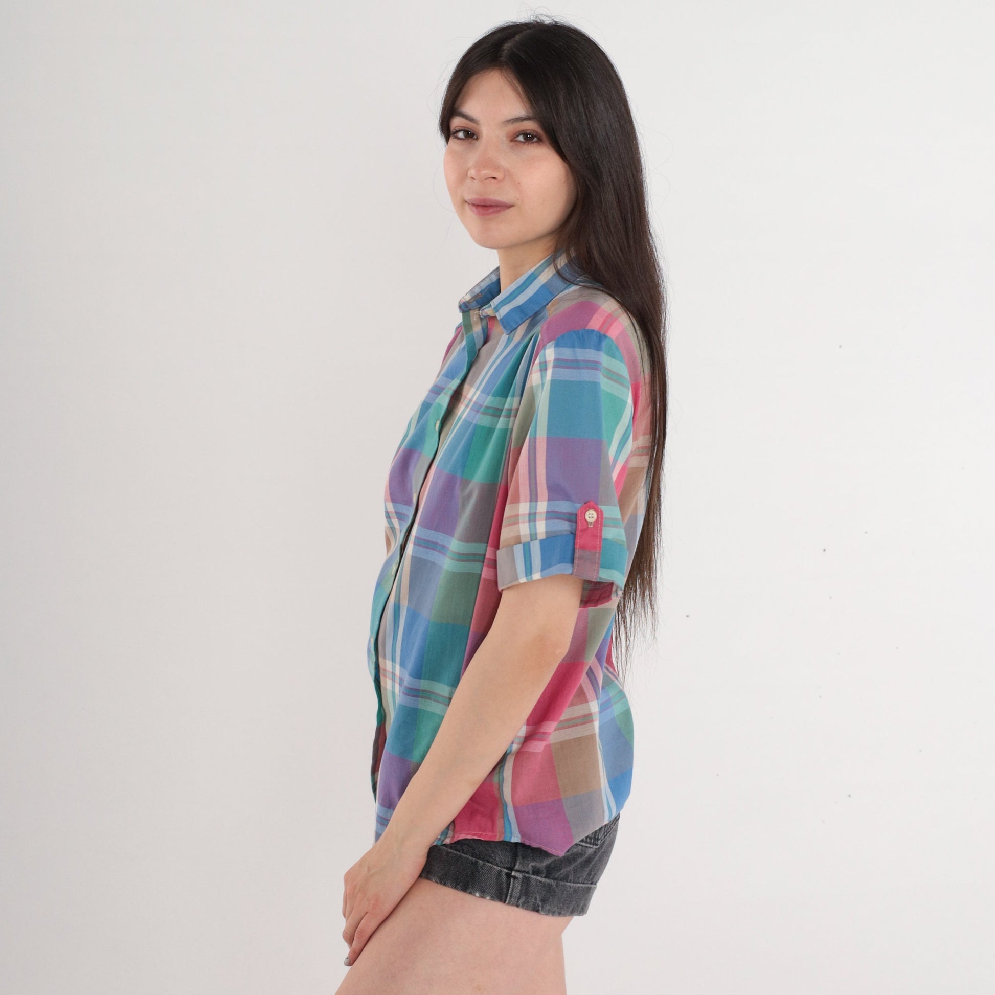 80s Russ Checkered Button-Up Blouse Green Blue Pink Plaid Medium