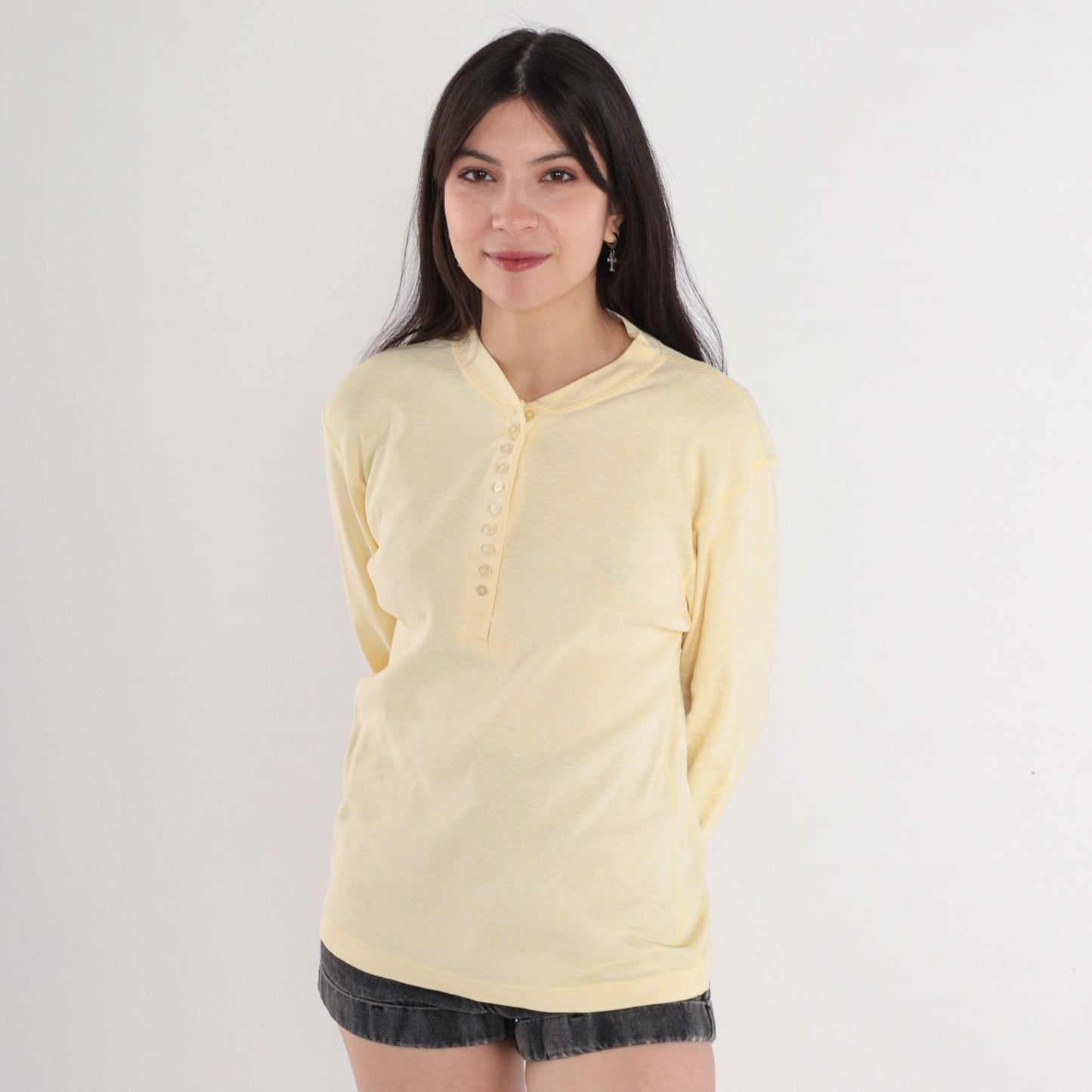 80s Pale Yellow Henley Floral Print Long Sleeve Shirt Medium