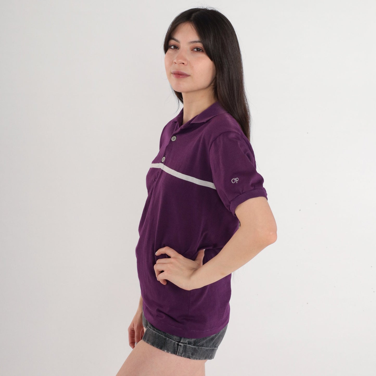 90s Ocean Pacific Polo Shirt Purple White Striped OP Logo Medium